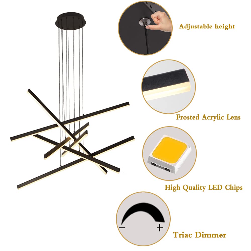 Artop 6-Light Dimmable LED Linear Pendant Chandelier - Modern Adjustable Height Black Light Fixture for Kitchen Island, Dining Room, Living Room, Office & Restaurant | Perfect for Contemporary Spaces & Commercial Lighting