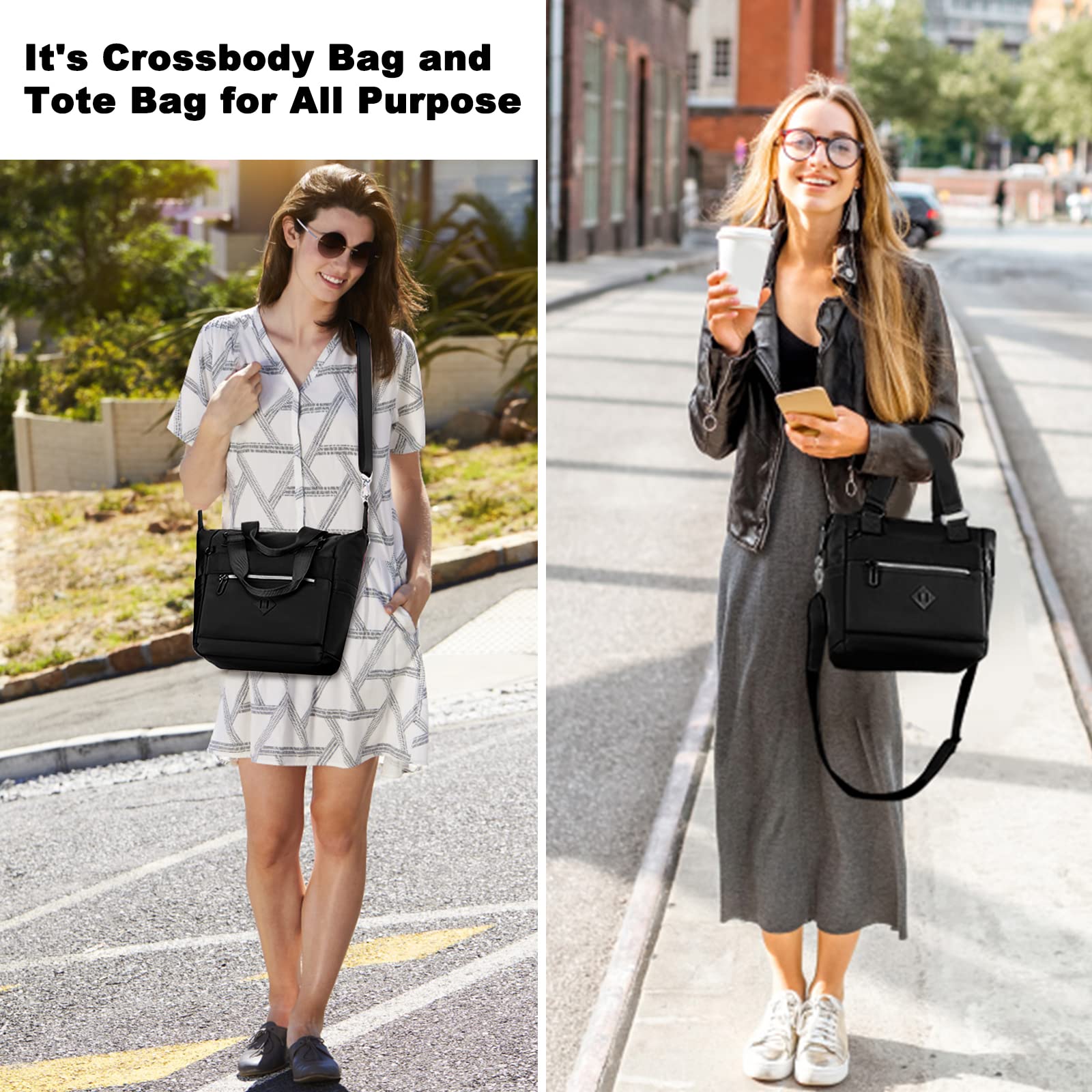 Gelory Women's Waterproof Nylon Tote Bag - Small Crossbody Shoulder Handbag with Detachable Strap & Multiple Pockets | Perfect for School, Shopping, Work & Travel (Black) | Stylish Everyday Carry & Commuter Essentials