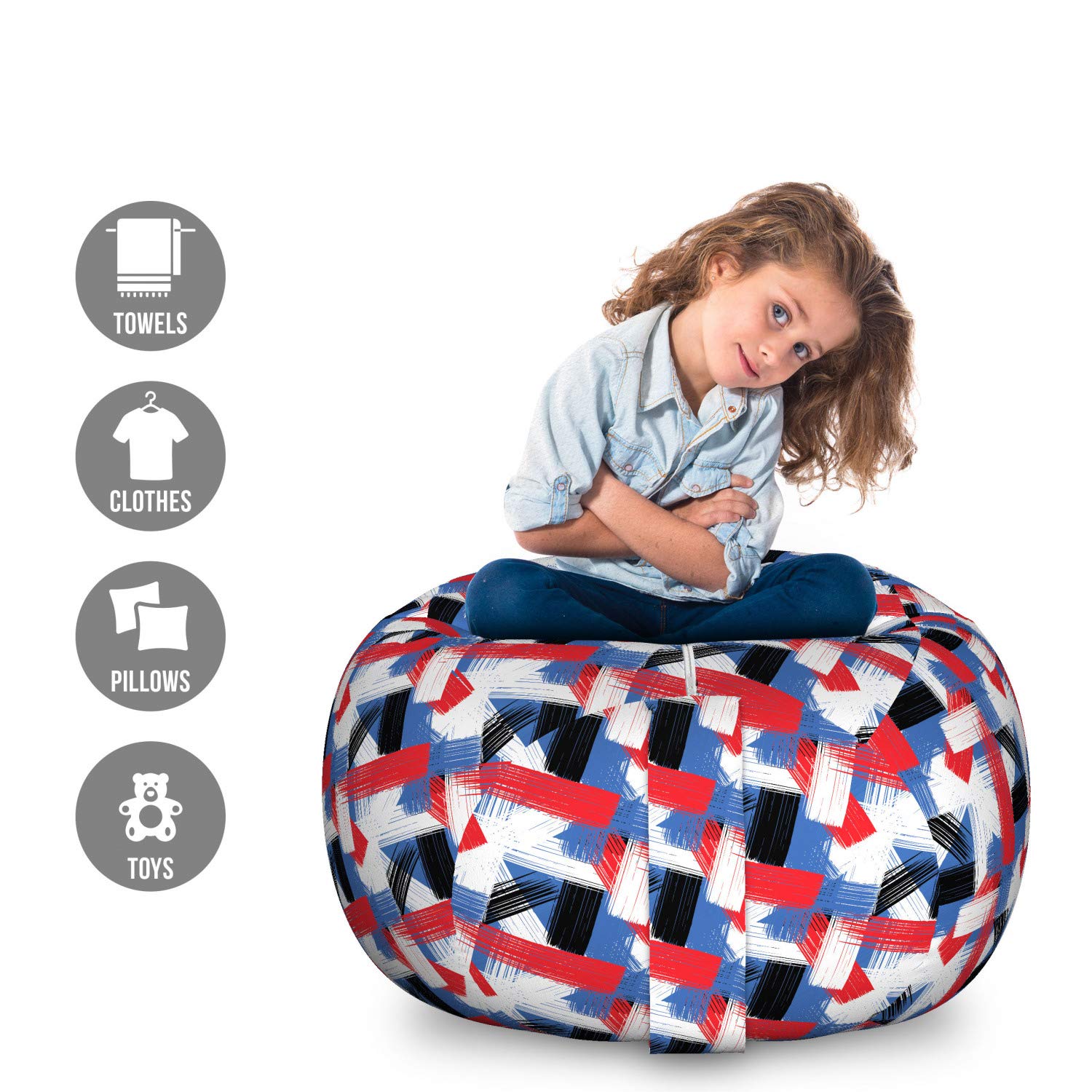 Ambesonne Large Washable Toy Storage Bag Chair - Abstract Geometric Stripes with Brushstrokes Design, Violet Blue White Stuffed Animal Organizer | Perfect for Kids' Room, Playroom & Nursery Organization