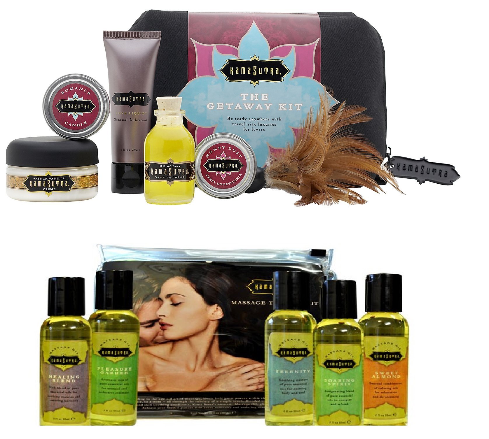 Kamasutra Getaway Kit & Massage Tranquility Kit - Romantic Couples Gift Set for Spa Nights, Anniversary & Intimate Moments - Includes Essential Oils, Candles & Massage Accessories