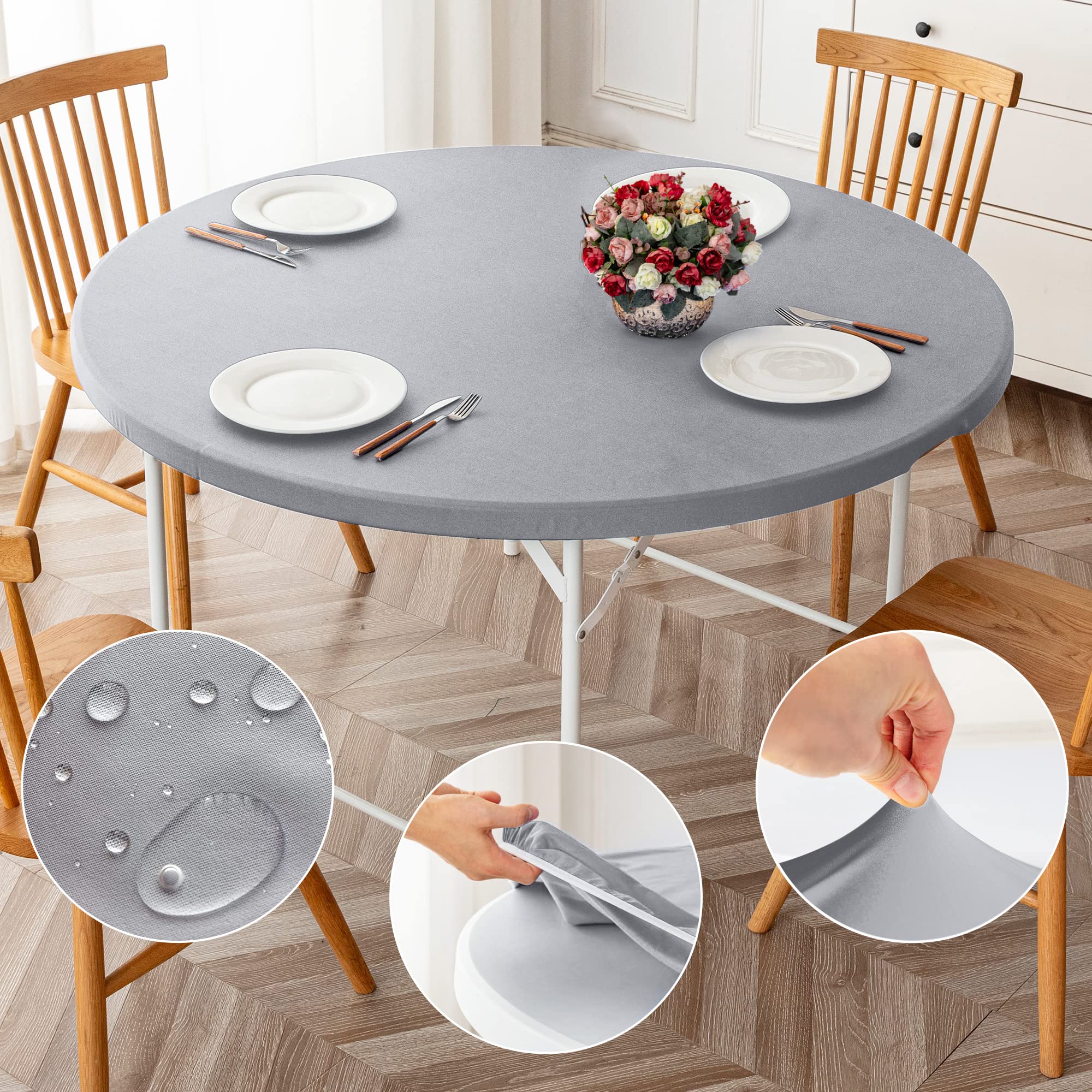 ManMengJi 2 Pack Round Fitted Tablecloth - Reversible Waterproof Stain Resistant Elastic Table Cover for 45