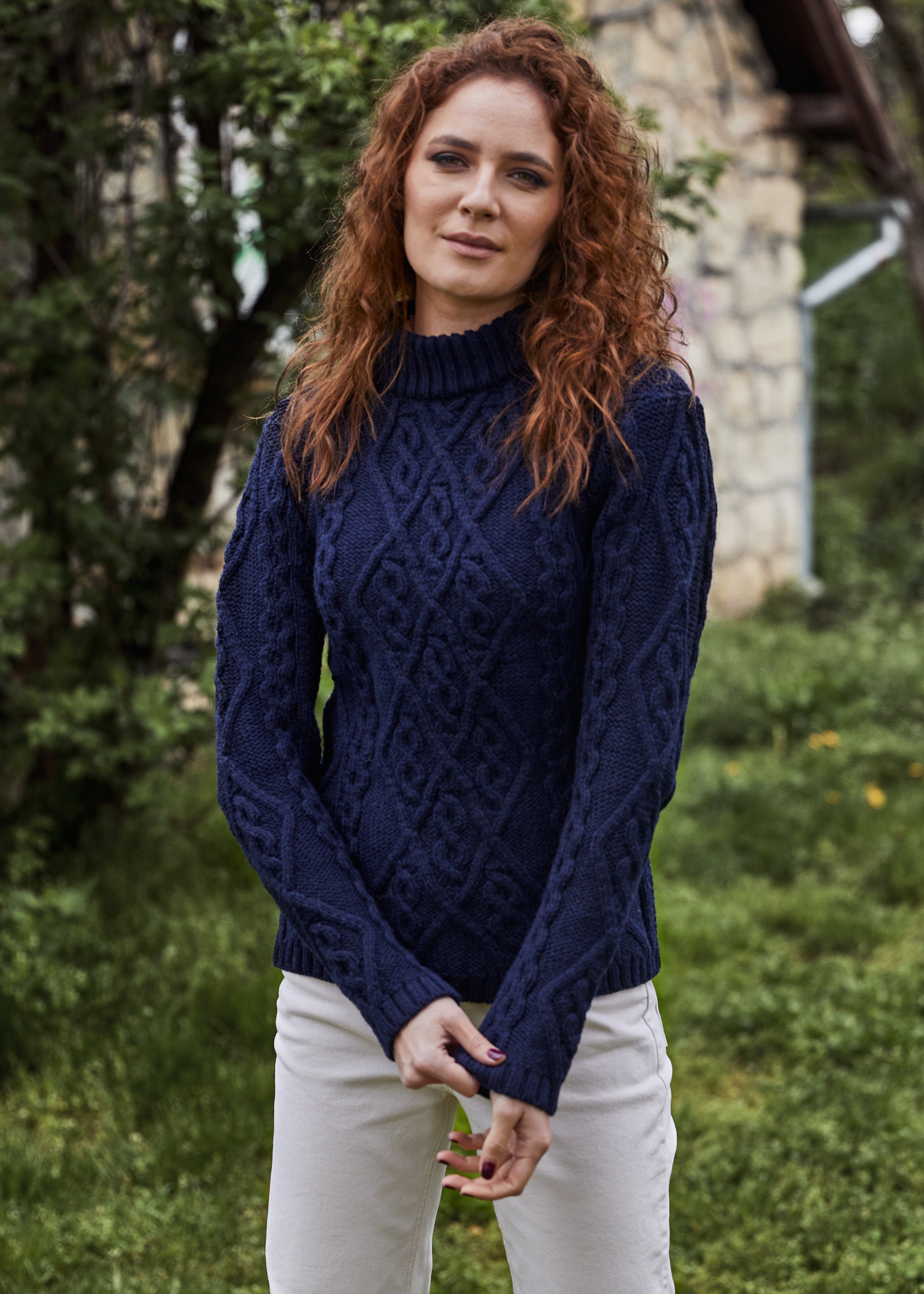 Women's Aran Cable Knit Sweater - Navy Blue Wool Pullover for Fall & Winter | Cozy Casual Wear, Office Outfits, and Holiday Fashion
