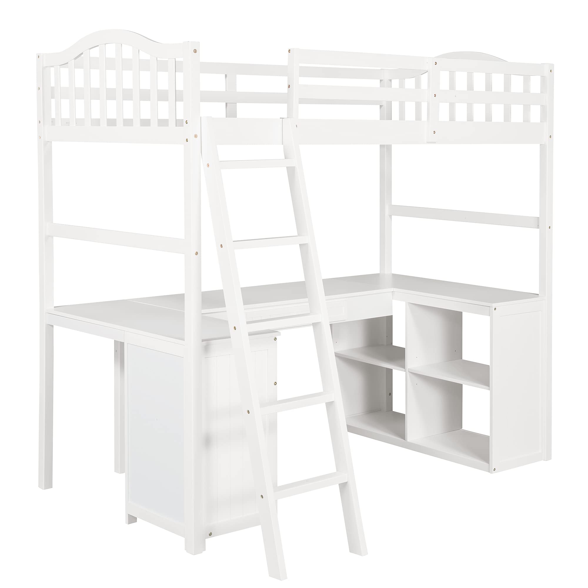 **Twin Size Wooden Loft Bed for Kids with Desk, Drawers, Cabinet & Shelves - Space-Saving Multi-Functional Bed Frame - Perfect for Small Bedrooms, Dorms & Kids' Rooms (White)**