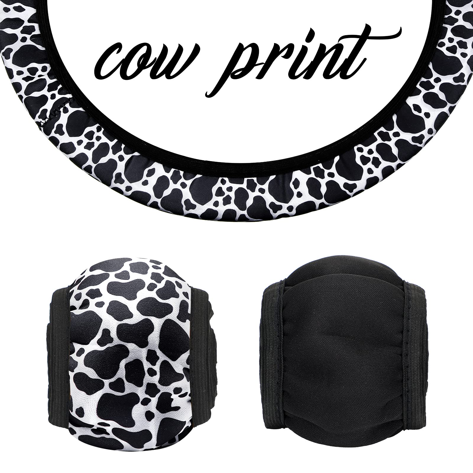 Cow Print Car Accessories Set - Stylish Car Seat Cover, Steering Wheel Cover, Cup Holders & Keyring for Women & Men - Fits Most Cars & SUVs (Black & White Cow Pattern) - Perfect for Road Trips, Daily Commutes & Car Enthusiasts