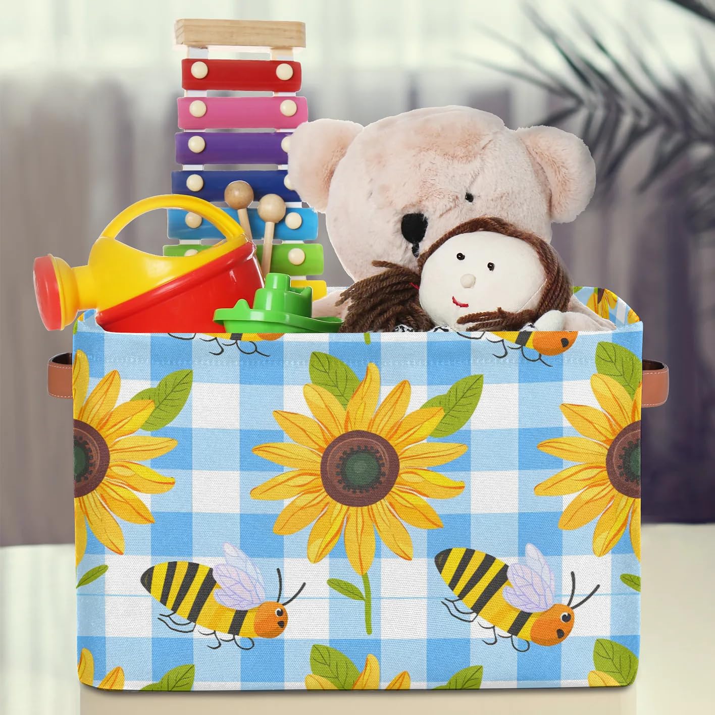 Bee Sunflower Plaid Large Storage Baskets for Shelves & Closets - 2 Pack Fabric Organizer Bins with Handles, Collapsible Decorative Baskets for Home Organization - Perfect for Clothes, Toys & Bedroom Storage