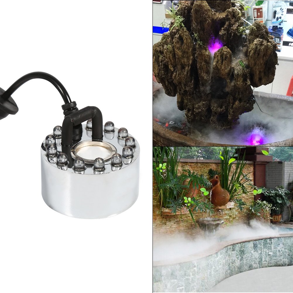 12 LED Mist Maker with Fog Machine Atomizer - Water Pond Fountain Fogger, Mini Air Humidifier for Indoor Fountains, Fish Tanks & Rockeries | Perfect for Home Decor, Aquariums, and Water Features (Adapter Not Included)