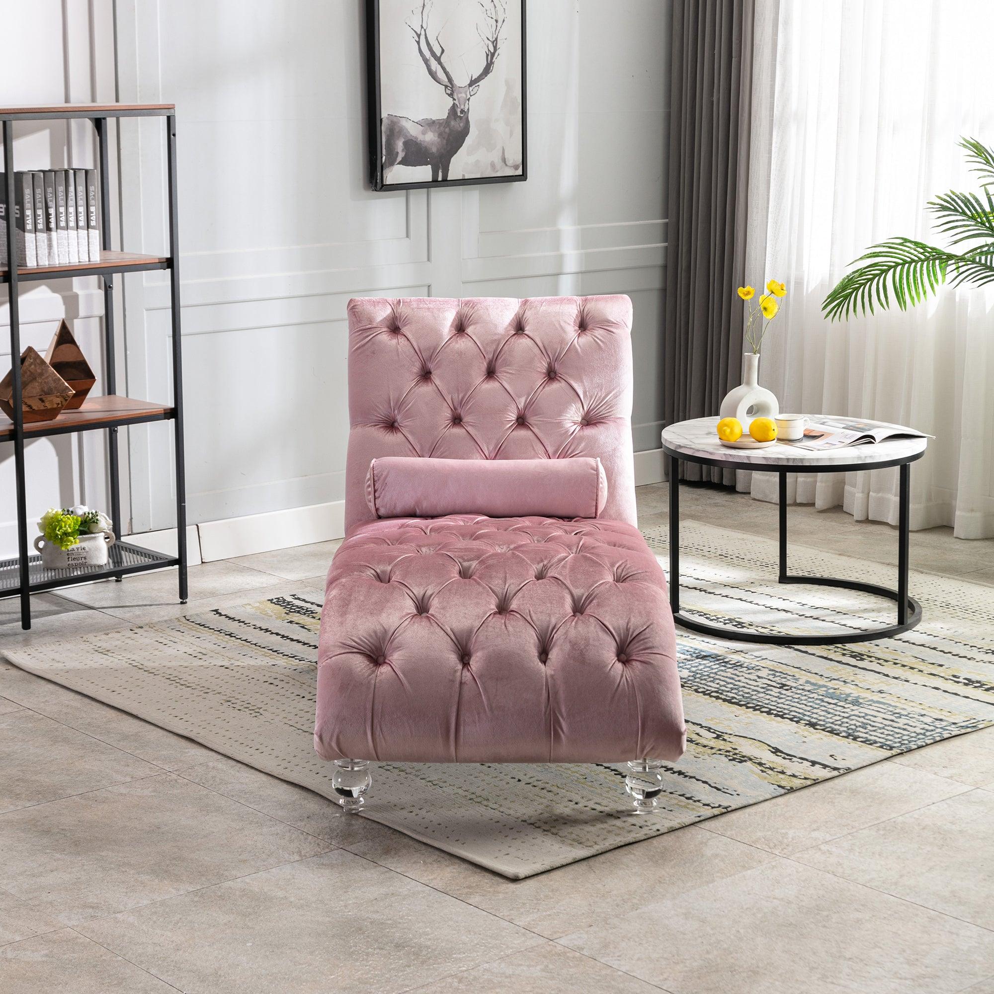 Luxury Velvet Chaise Lounge Chair - Button Tufted Upholstered Sofa with Pillow for Bedroom, Living Room & Office - Pink Velvet Chaise Lounge - Perfect for Reading Nook, Home Decor & Relaxation