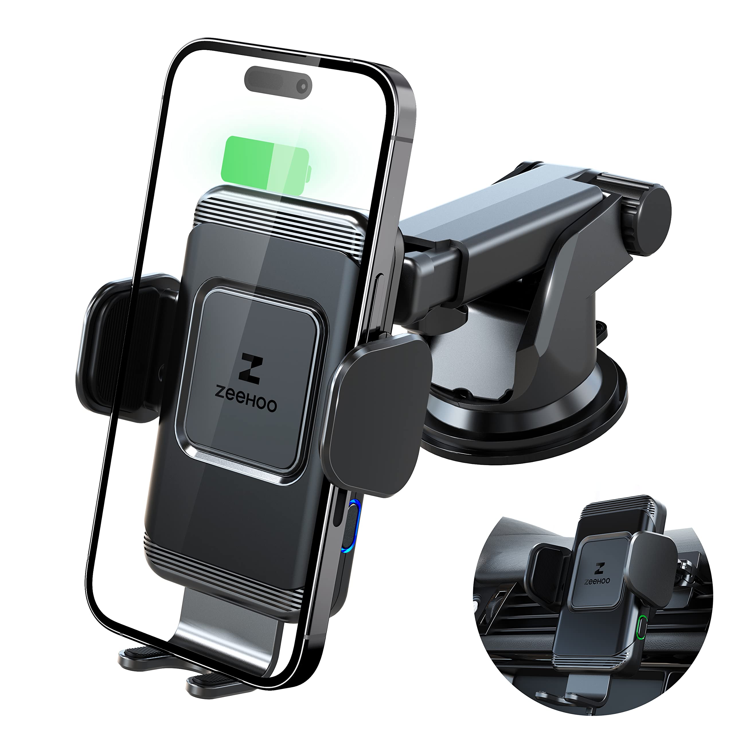 ZeeHoo 15W Fast Wireless Car Charger - Auto-Clamping Phone Mount for iPhone 14/13/12/11/Pro Max/XS/XR/8 & Samsung S22/S21/S20/Note 20/10/9/8 - Universal Air Vent Dashboard Windshield Phone Holder - Perfect for Road Trips & Commuting