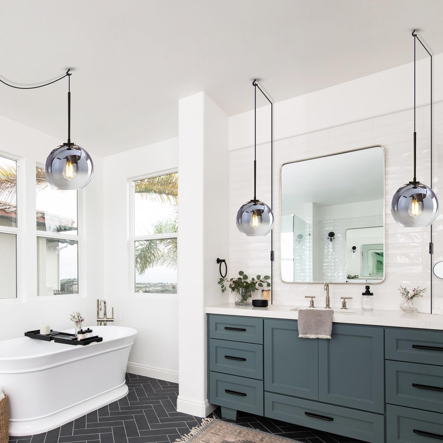 KCO Lighting Plug-in Hanging Light Fixture - Mercury Glass Pendant Lights for Kitchen Island, Dining Room & Bedroom - Mid Century Modern Black Globe Pendant Lamp with Plug-in Design | Perfect for Home Decor, Restaurant Lighting & Office Spaces