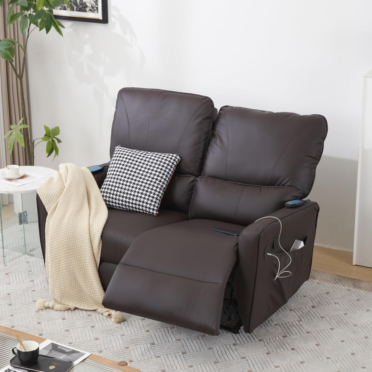 **RVEE RV Loveseat Console Theater Seating – 2-Seater Powered Recliner Double Sofa with USB Charging, Massage & Heat – Faux Leather Brown – Perfect for RV, Home Theater & Living Room**