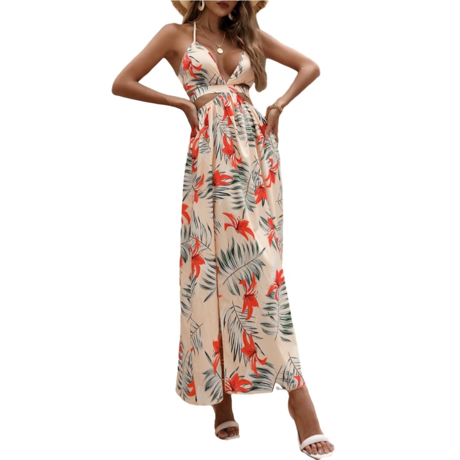 Women's Floral V-Neck Maxi Dress - Tropical Hawaiian Beach Summer Dress with Side Slit | Perfect for Vacations, Pool Parties & Boho Outfits