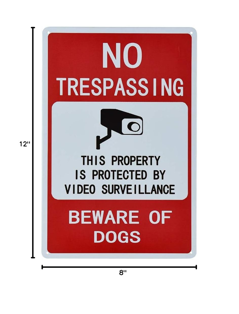 Dojune 2-Pack Metal No Trespassing Signs - Video Surveillance & Beware of Dog Warning Signs for Home Security, Business & Property Protection