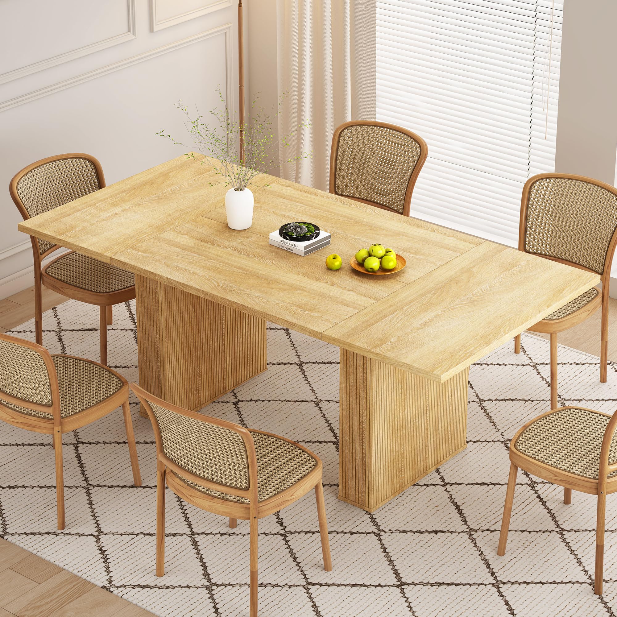 78 Inch Rectangular Farmhouse Dining Table for 6-10 People - Modern Fluted Wooden Kitchen & Living Room Table - Natural Finish - Perfect for Family Gatherings & Dinner Parties