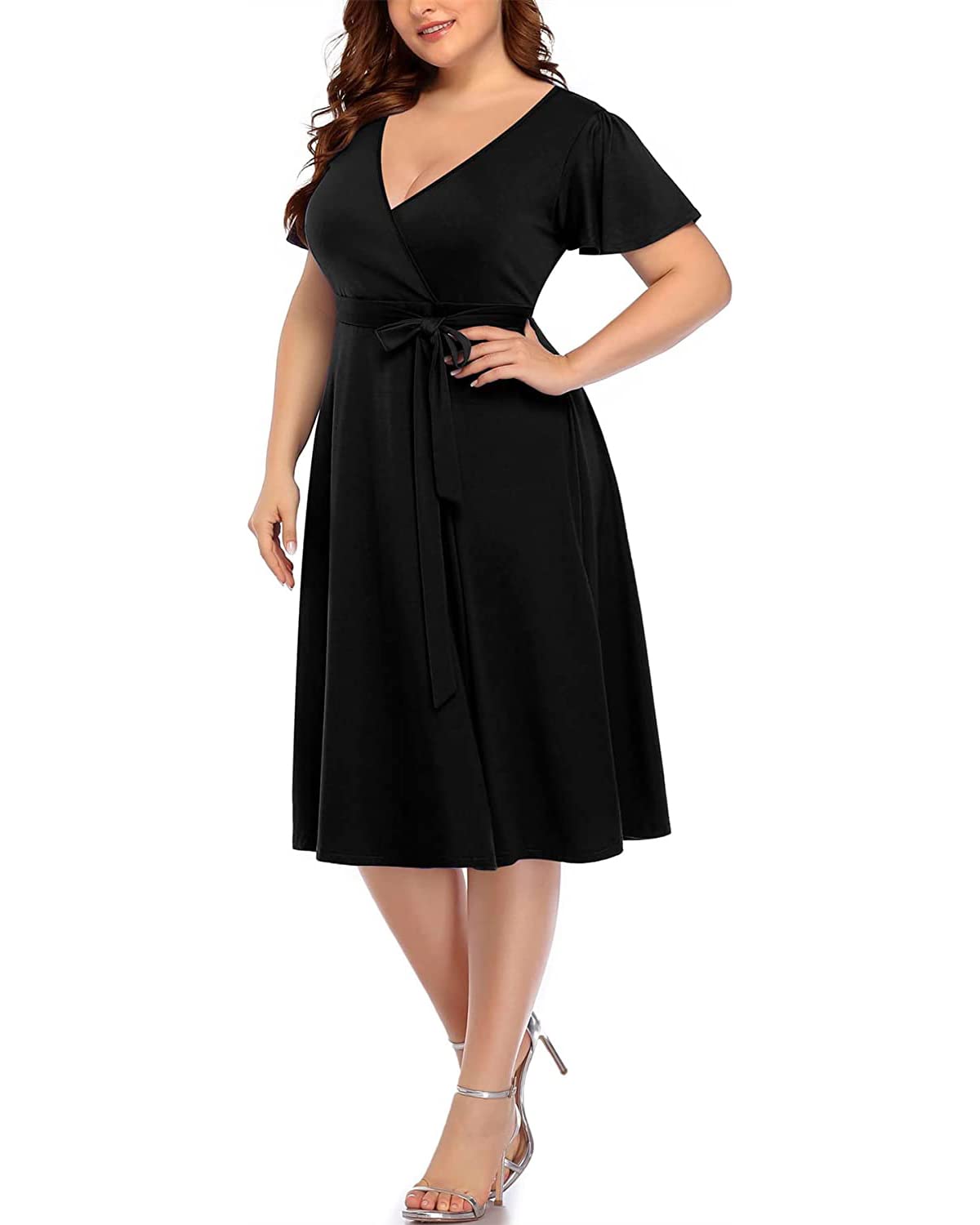 **Elegant Plus Size Wrap Dress for Women - Semi Formal Cocktail & Wedding Guest Midi Dress with Empire Waist | Perfect for Parties, Bridal Showers & Evening Events**