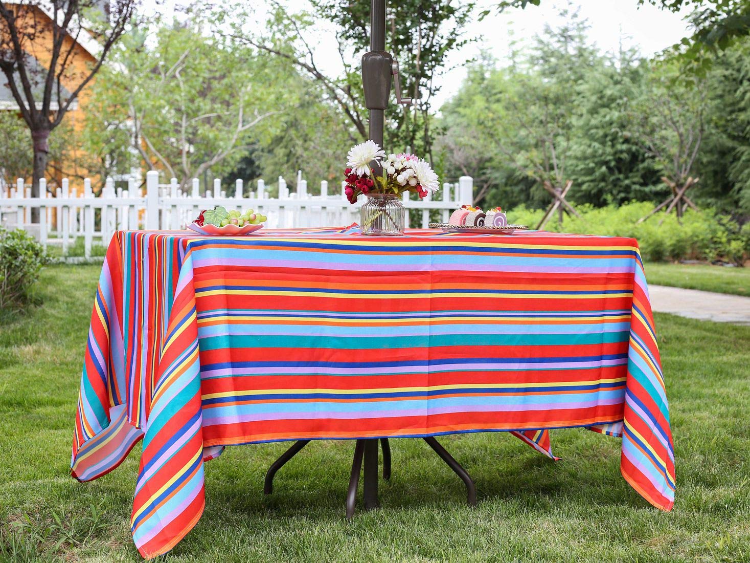 Waterproof Rainbow Mexican Outdoor Tablecloth with Umbrella Hole - 52x70 Inch Rectangle Picnic Table Cover for Spring Parties, Patio Dining & Camping - Color Stripe Design (Zipper Closure)