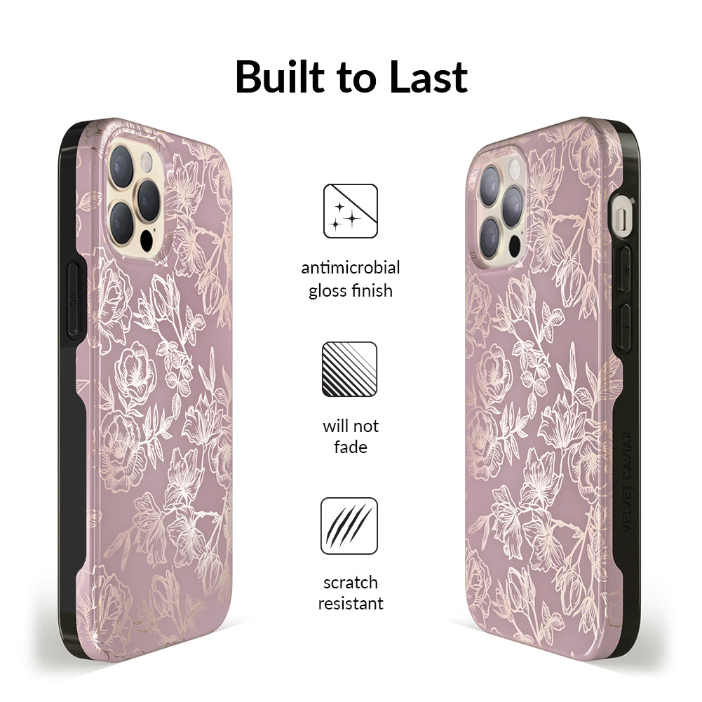 Dusty Rose Chrome Floral iPhone Case - Elegant Protective Phone Cover for iPhone 13/14/15 Pro Max - Perfect for Women, Girls, Daily Use, Gift Giving & Special Occasions