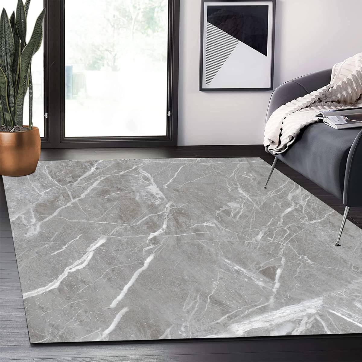 Vintage Silver Grey Beige Marble Abstract Modern Area Rug 5x8 ft - Non-Shedding Soft Thick Indoor Carpet for Living Room, Bedroom, Home Office - Washable Floor Rug for Cozy Home Decor & Modern Interior Design