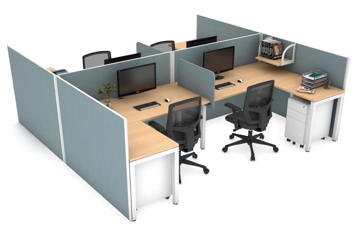 Quadro Square Legs 4-Person Corner Workstation - H Configuration White Frame [1400L x 1800W with Cable Management] - Perfect for Office Collaboration & Team Workspaces