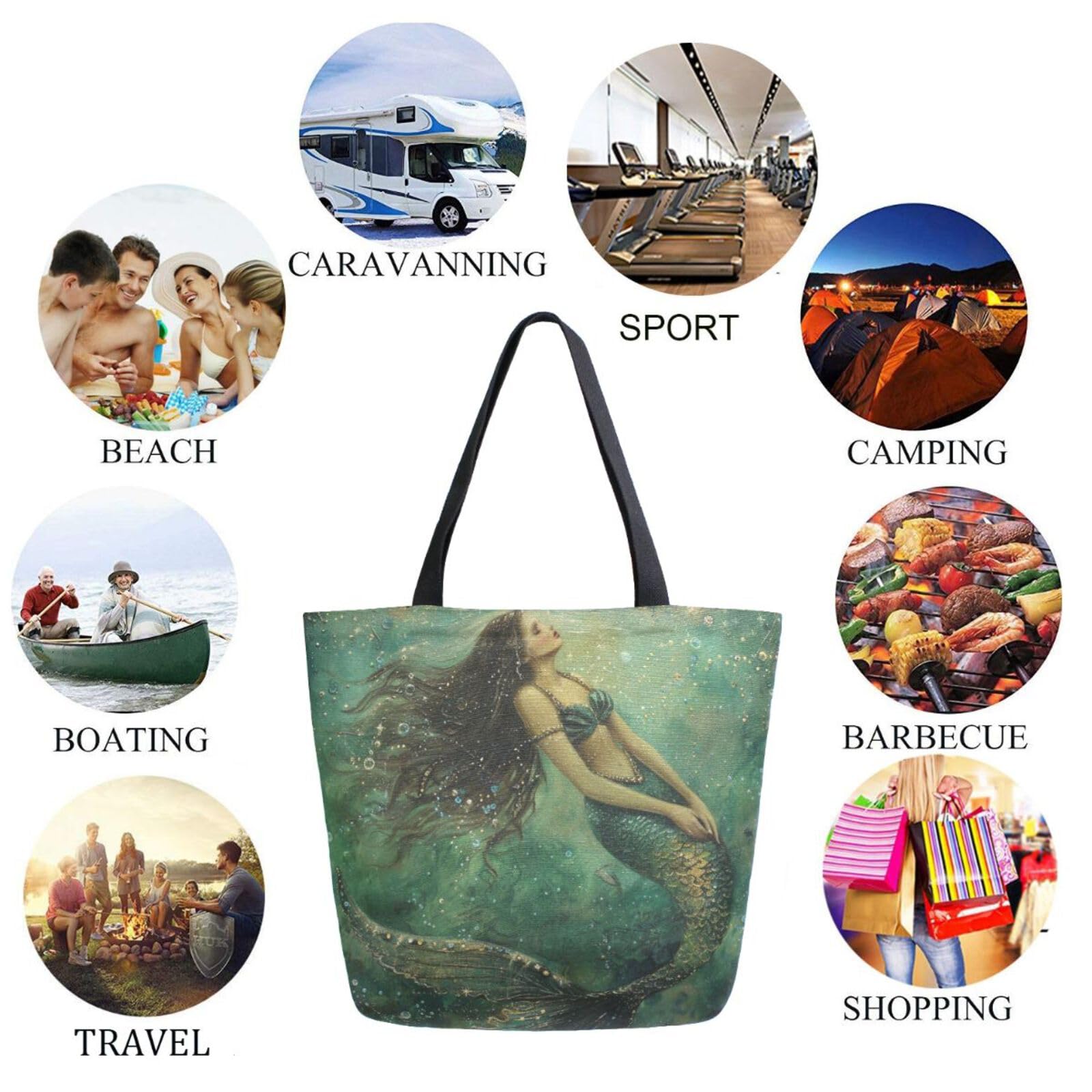 Stylish Extra Large Shoulder Grocery Tote Bag - Beautiful Sea Mermaid Dreamy Bubbles Green Canvas Reusable Shopping Bag for Gym, Beach Travel, Weekender & Daily Use | Perfect for Groceries, Market Shopping & Kitchen Essentials