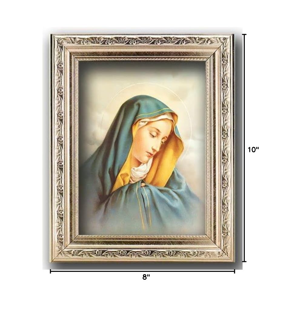 Our Lady of Sorrows Framed Wall Art - Antique Silver Detailed Religious Home Decor with Carved Scrollwork - Perfect for Church, Prayer Room & Catholic Home Decor