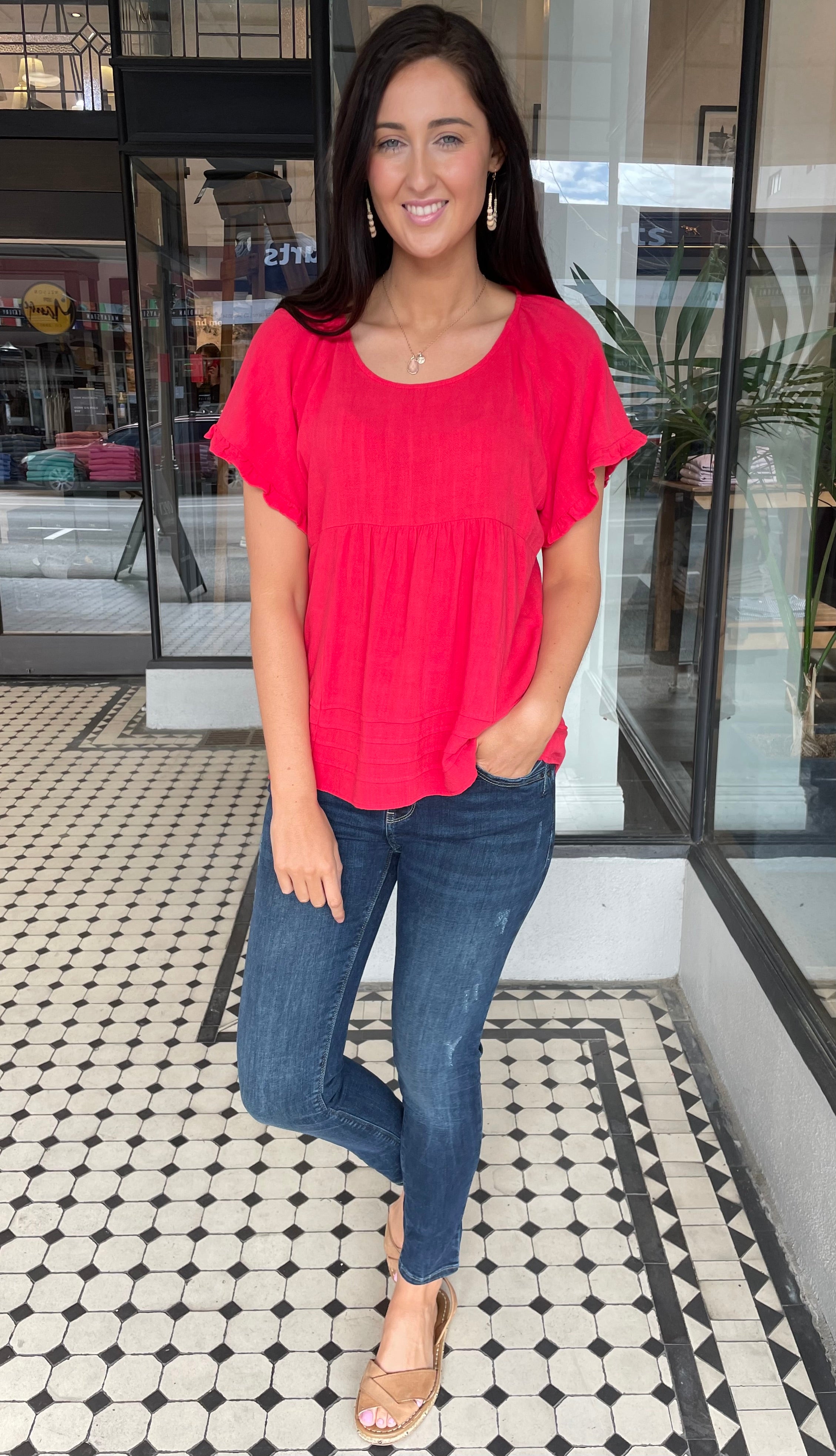 Joey Women's Ruffle Trim Sleeve Linen Blouse - Breathable Summer Top in Tomato Red for Casual Outings & Beach Vacations