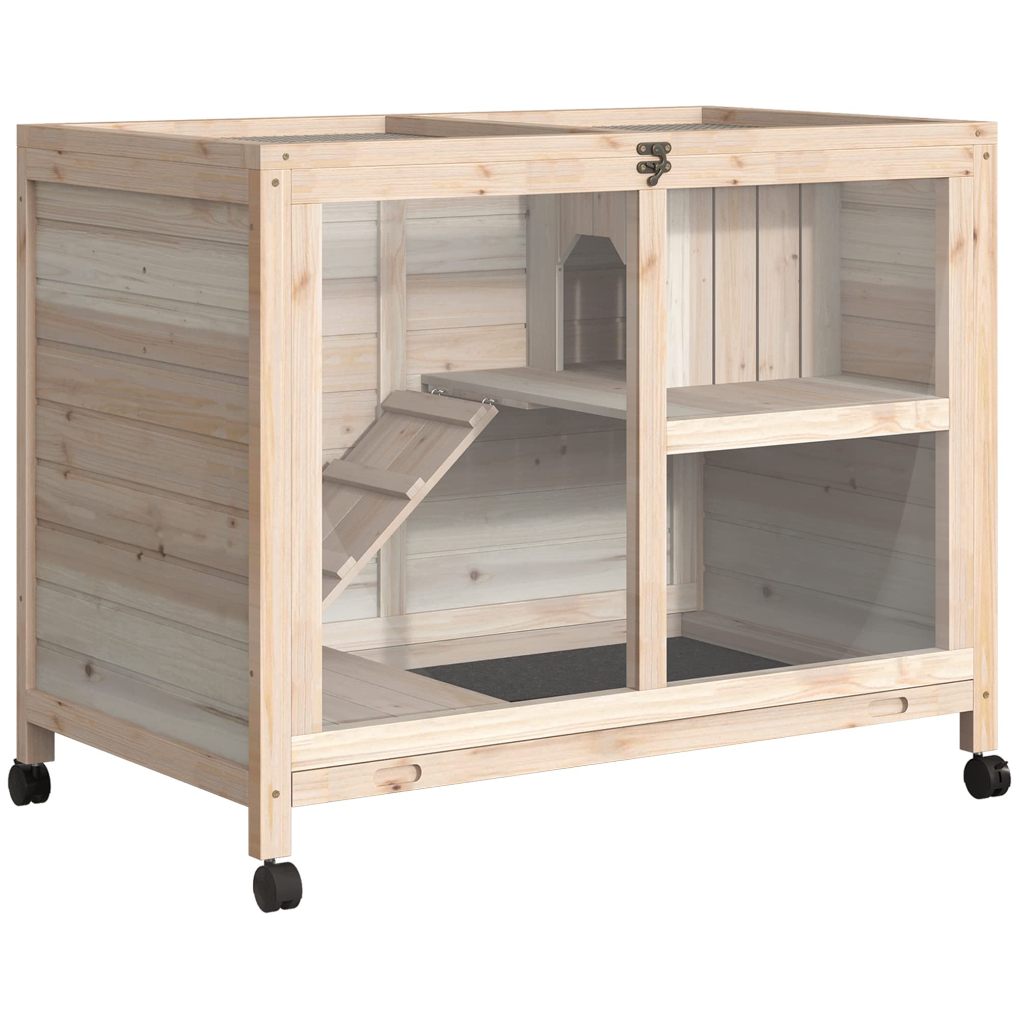 PawHut Wooden Rabbit Hutch with Wheels - Waterproof Bunny Cage with Removable Tray & Openable Roof - Indoor/Outdoor Small Animal House for Rabbits, Guinea Pigs - Perfect for Backyard, Garden or Patio Use