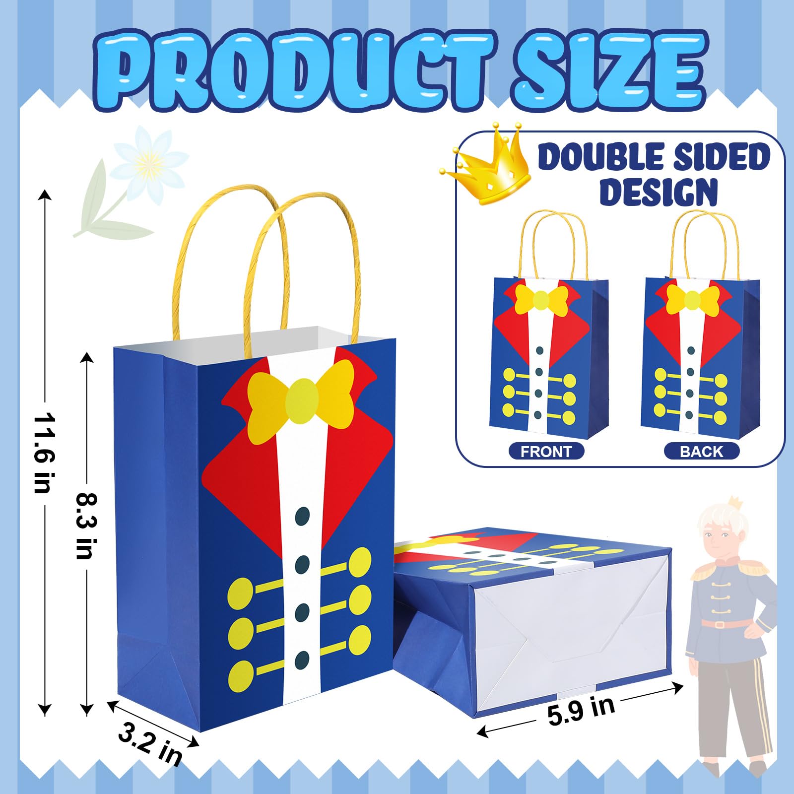 16 Pack Royal Prince Party Favor Bags with Tissue Paper - Premium Treat Goodie Bags with Handles for Prince Themed Birthday, Baby Shower & Special Events - Perfect for Candy, Gifts & Party Favors