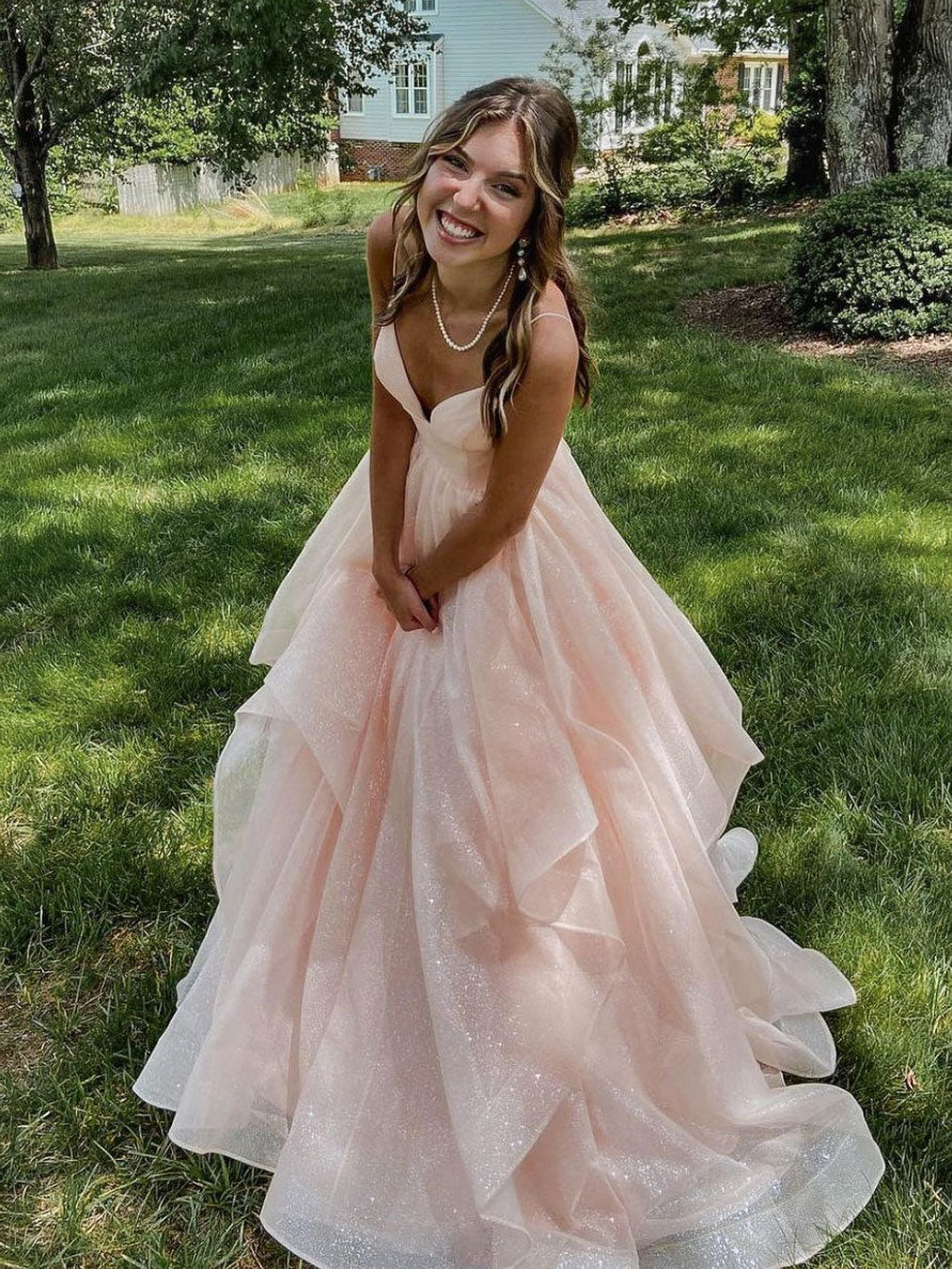 Elegant Pink Long Prom Dress with V-Neck Tulle Design - Formal Graduation Gown for Women - Perfect for Prom Night, Homecoming, and Special Occasions