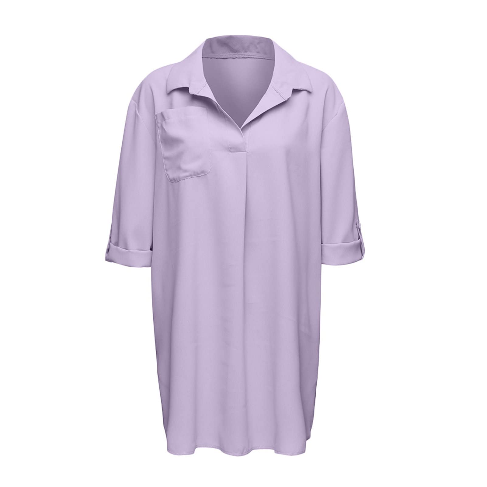 Women's Button Down Shirt Dress - Deep V Neck 3/4 Sleeve Solid Color Tunic Dress with Pockets | Loose Fit Casual Short Dress for Work, Date Night & Summer Outings