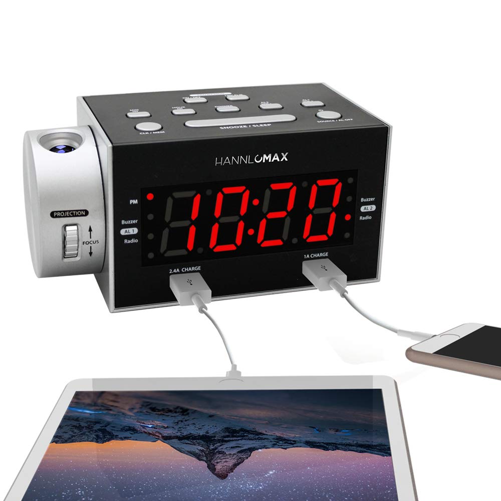 HANNLOMAX HX-135CR Projection Alarm Clock Radio with Dual USB Charging Ports (2.4A+1A), FM Radio, Dual Alarms & 1.2