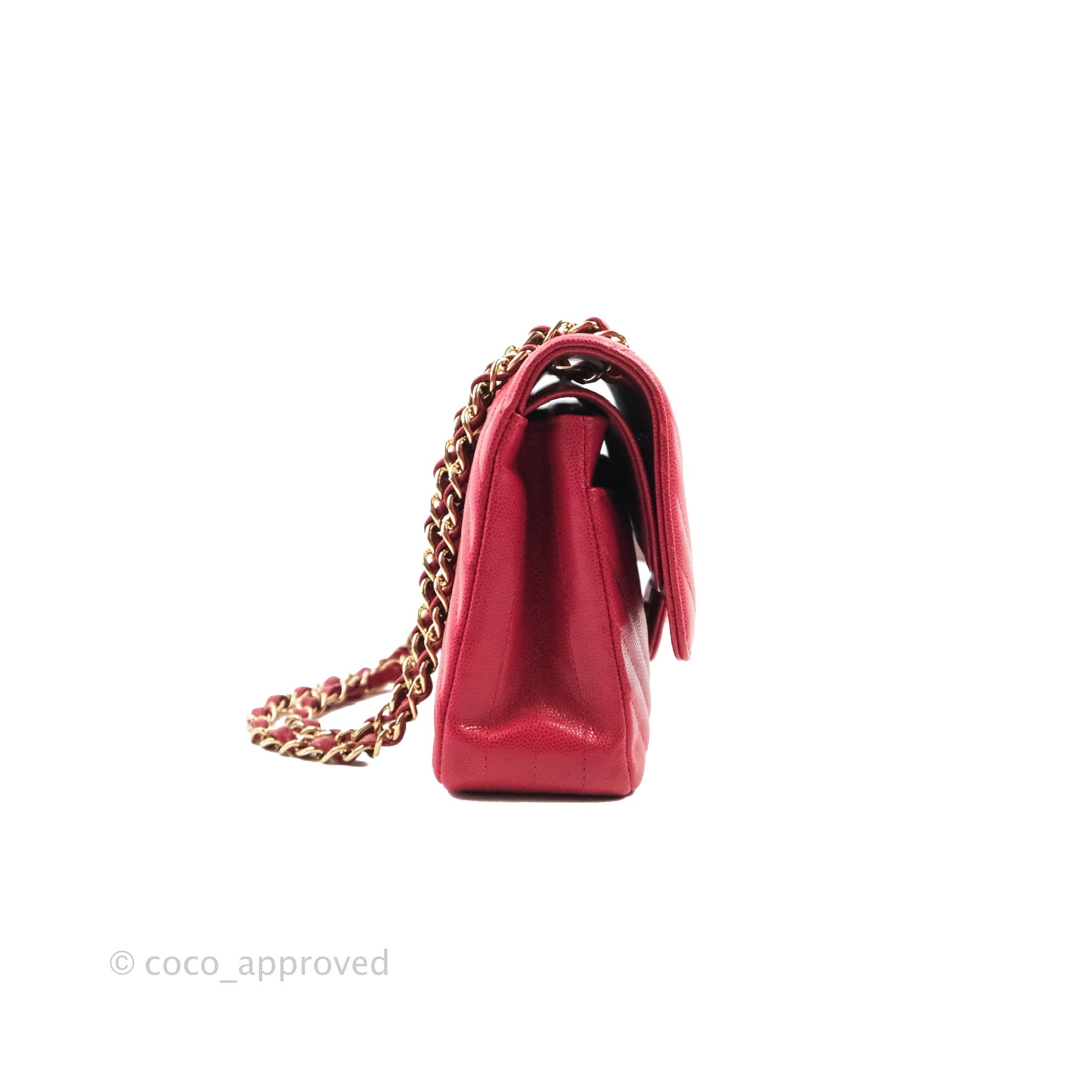 Chanel Classic M/L Medium Chevron Double Flap Bag in Cherry Red Caviar Leather with Gold Hardware - Perfect for Evening Events, Luxury Gifts & Fashionable Outfits