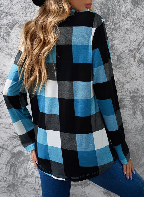 Dokotoo Women's Casual V-Neck Plaid Print Long Sleeve Blouse - Comfortable Work Shirt with Cuffed Sleeves (Sizes S-3XL) - Perfect for Office, Business Casual & Everyday Wear