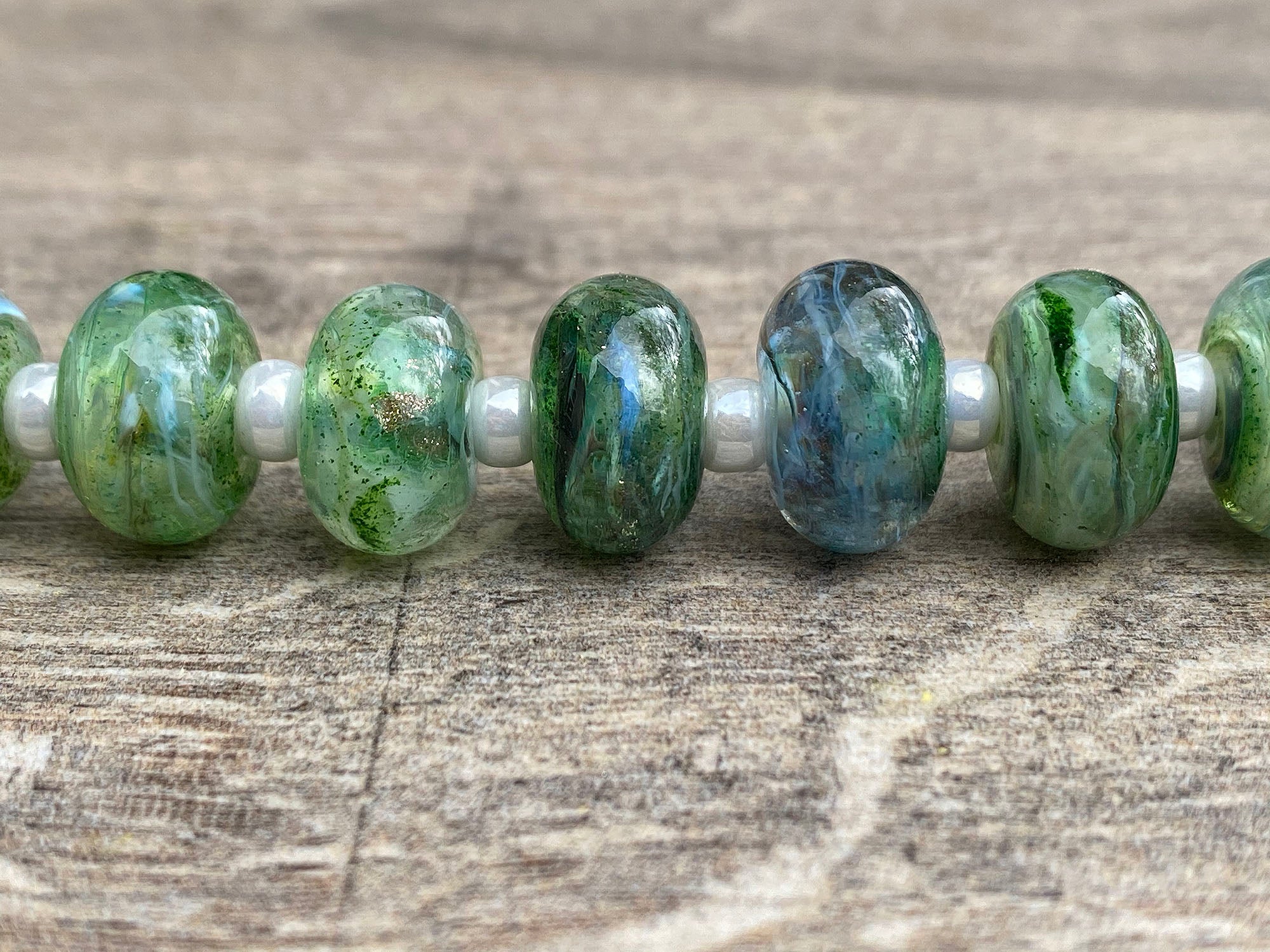 16-Piece Green Mist Lampwork Glass Beads Set for Jewelry Making, DIY Crafts, Necklaces & Bracelets - Handmade Artisan Beads for Boho & Fashion Accessories