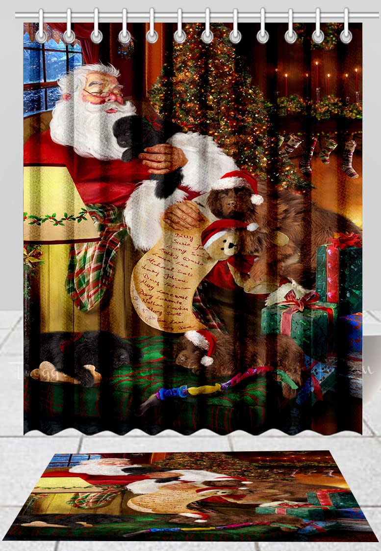 Santa Sleeping with Newfoundland Dog Shower Curtain and Bath Mat Set - Non-Slip Bathroom Decor, Plush Rug Mat with Polyester Bathtub Curtain (69