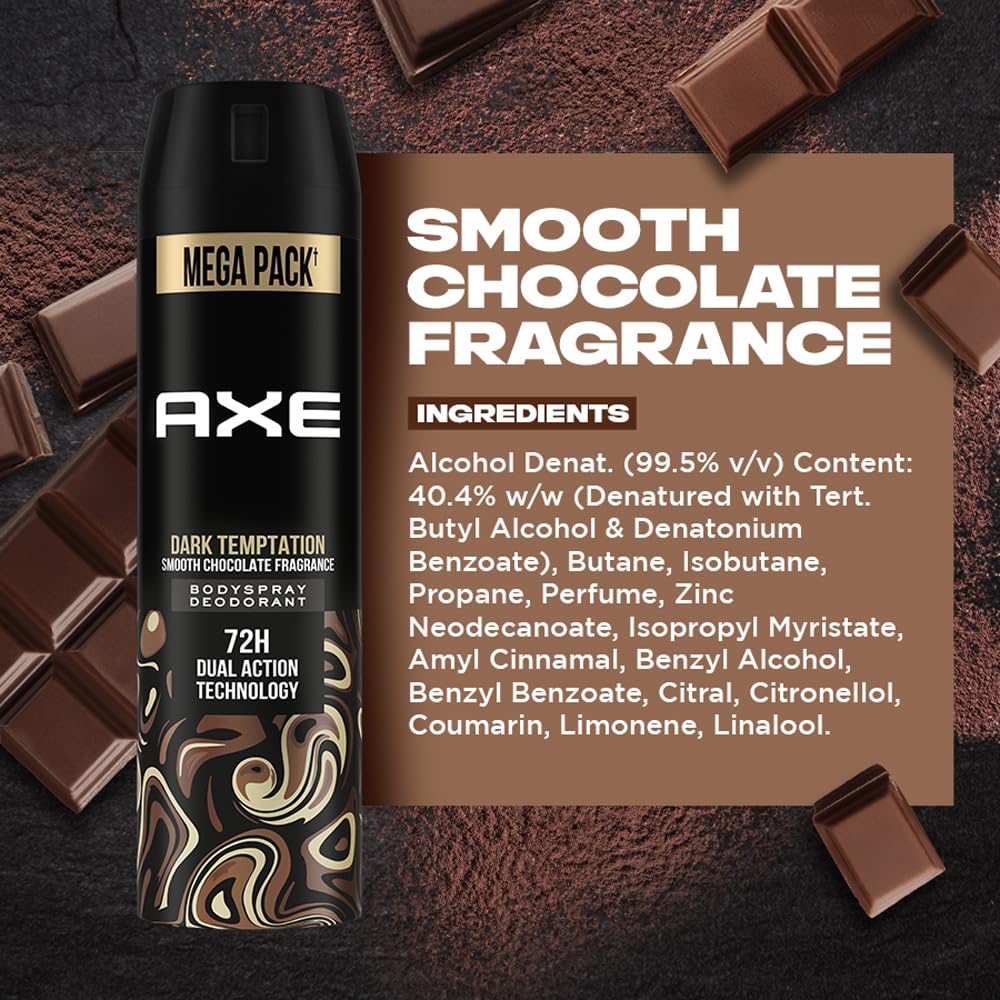 AXE Dark Temptation Men's Deodorant Spray - 7.3oz Long Lasting Body Odor Protection with Irresistible Chocolate Vanilla Scent - Perfect for Gym, Work & Everyday Freshness