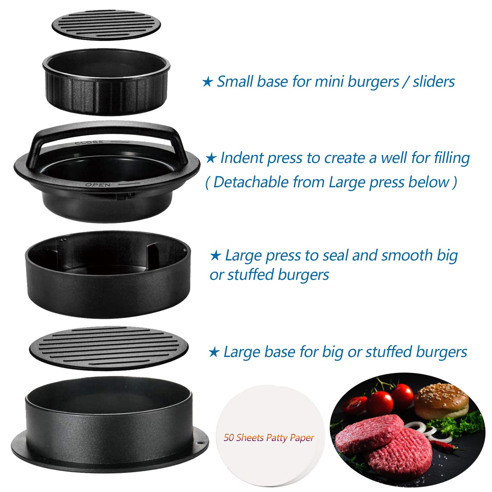 3-in-1 Non-Stick Hamburger Patty Press Maker with 50 Wax Papers - Perfect for BBQ, Backyard Grilling & Homemade Burgers - Create Juicy Patties for Sliders, Regular & Large Burgers