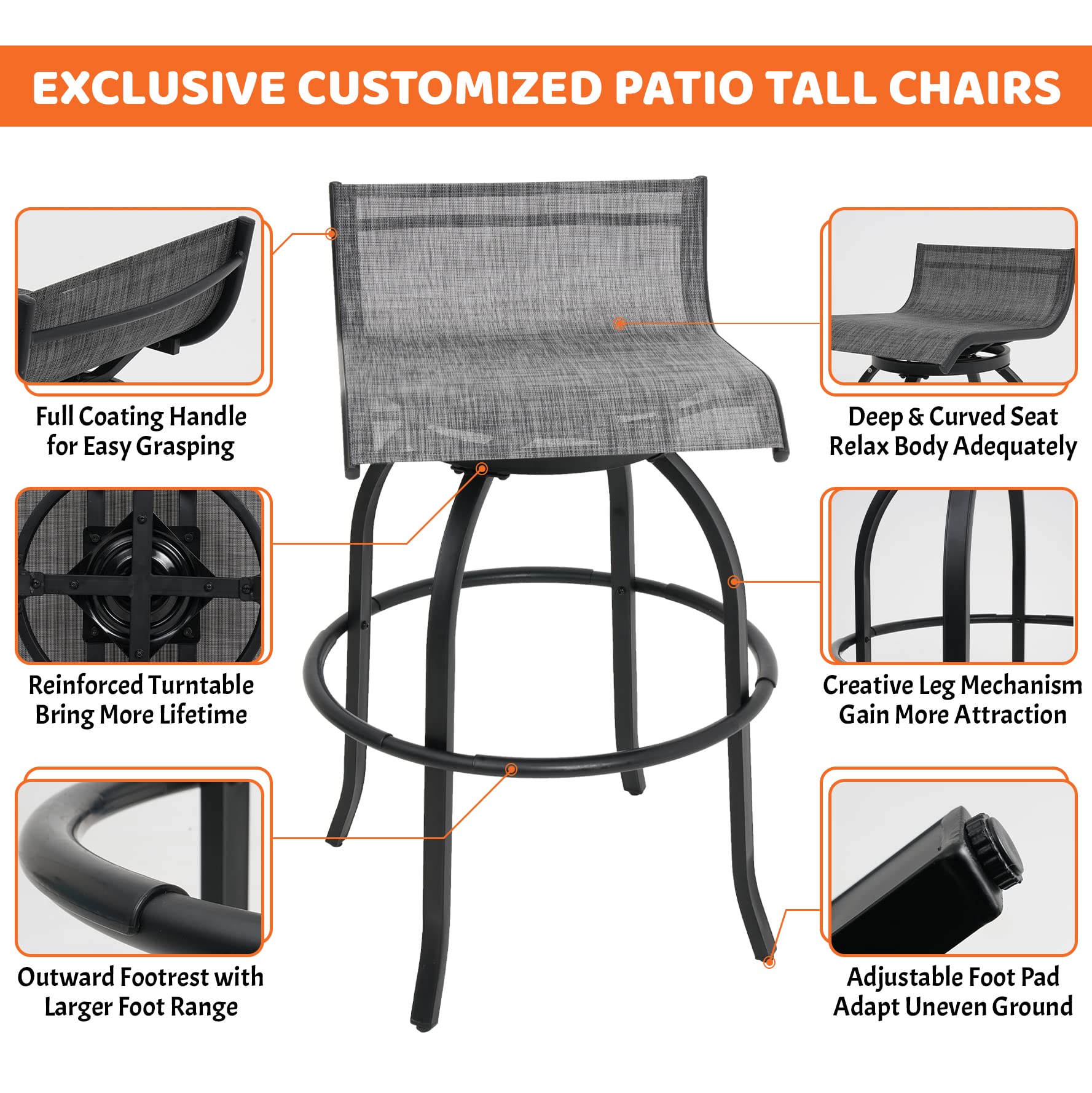 Sundale Outdoor Swivel Bar Stools Set of 4 - 32 Inch Height Patio Chairs with Back, Textilene Fabric Barstools for Porch, Deck, Yard - Perfect for Outdoor Dining, BBQ, and Poolside Relaxation (Gray)