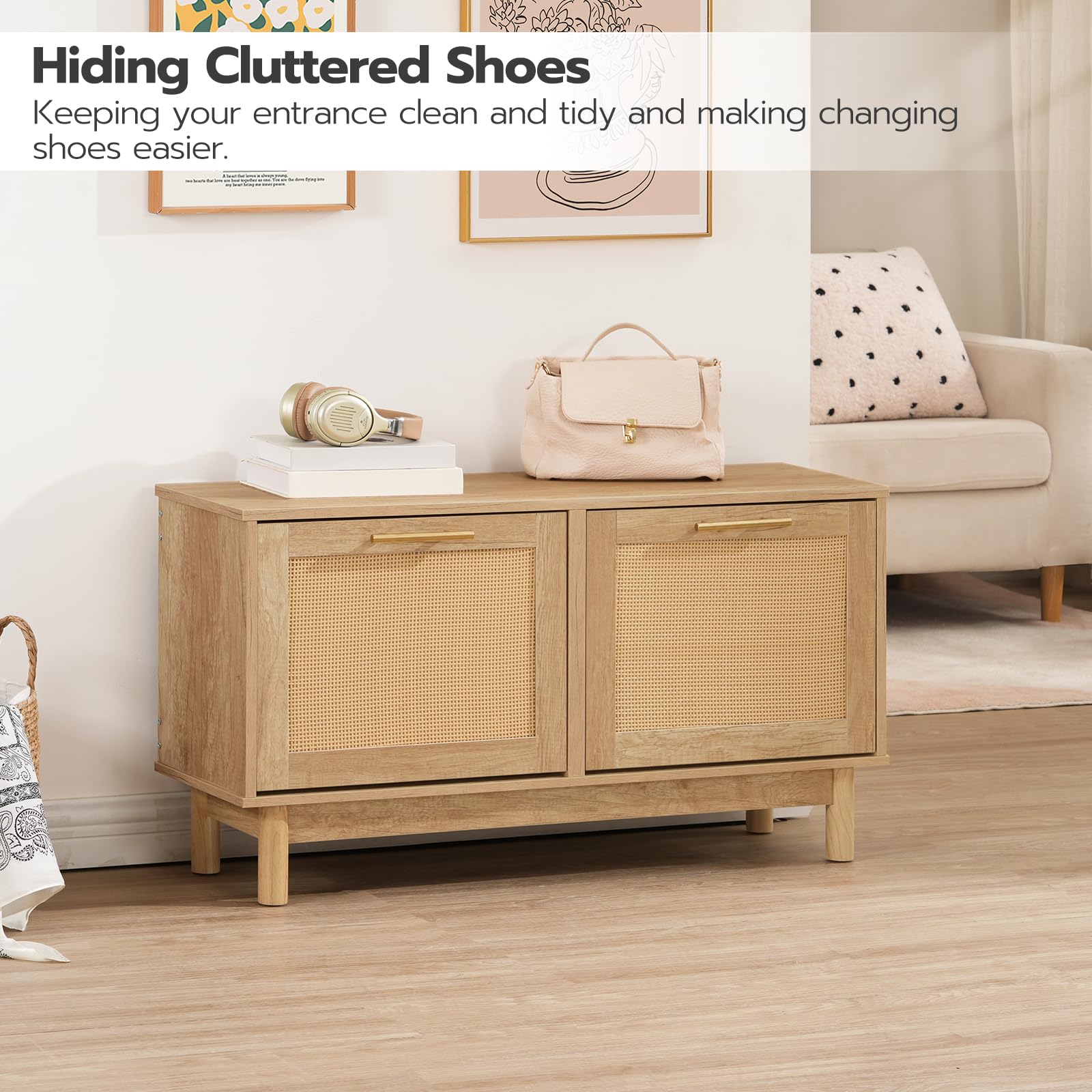HOOBRO Shoe Storage Bench with Flip Drawers - Rattan-Like Entryway Shoe Rack & Cabinet - Narrow Wooden Shoe Organizer for Hallway, Living Room & Bedroom - Natural Finish NL51HX01