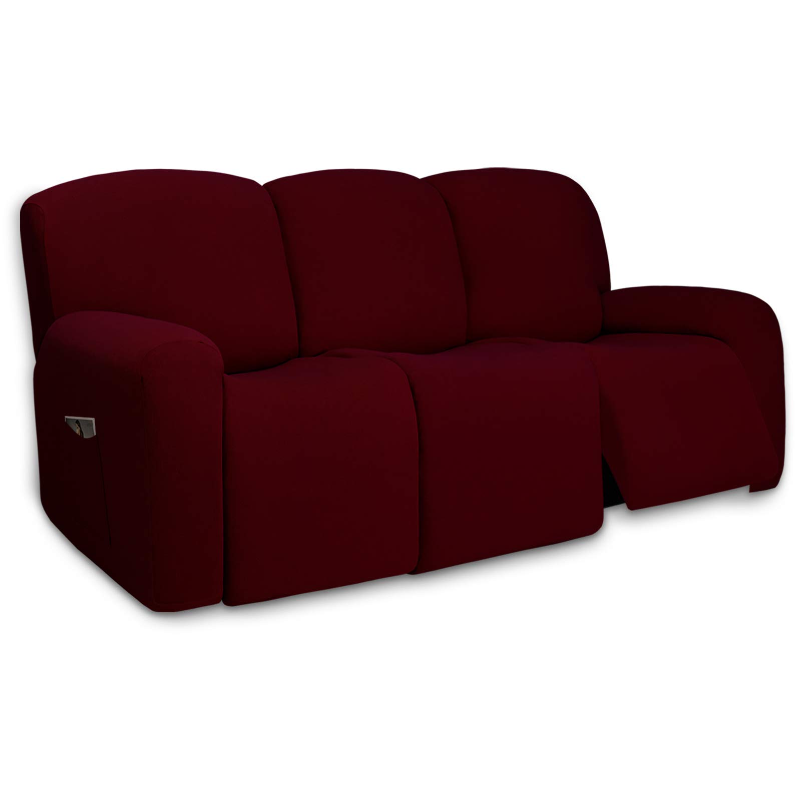 PureFit Super Stretch 3-Seater Recliner Sofa Cover with Pockets - Non-Slip Washable Spandex Slipcover for Living Room, Family Room & Home Theater - Furniture Protector for Kids & Pets (Wine Red, Fits Reclining Couches)