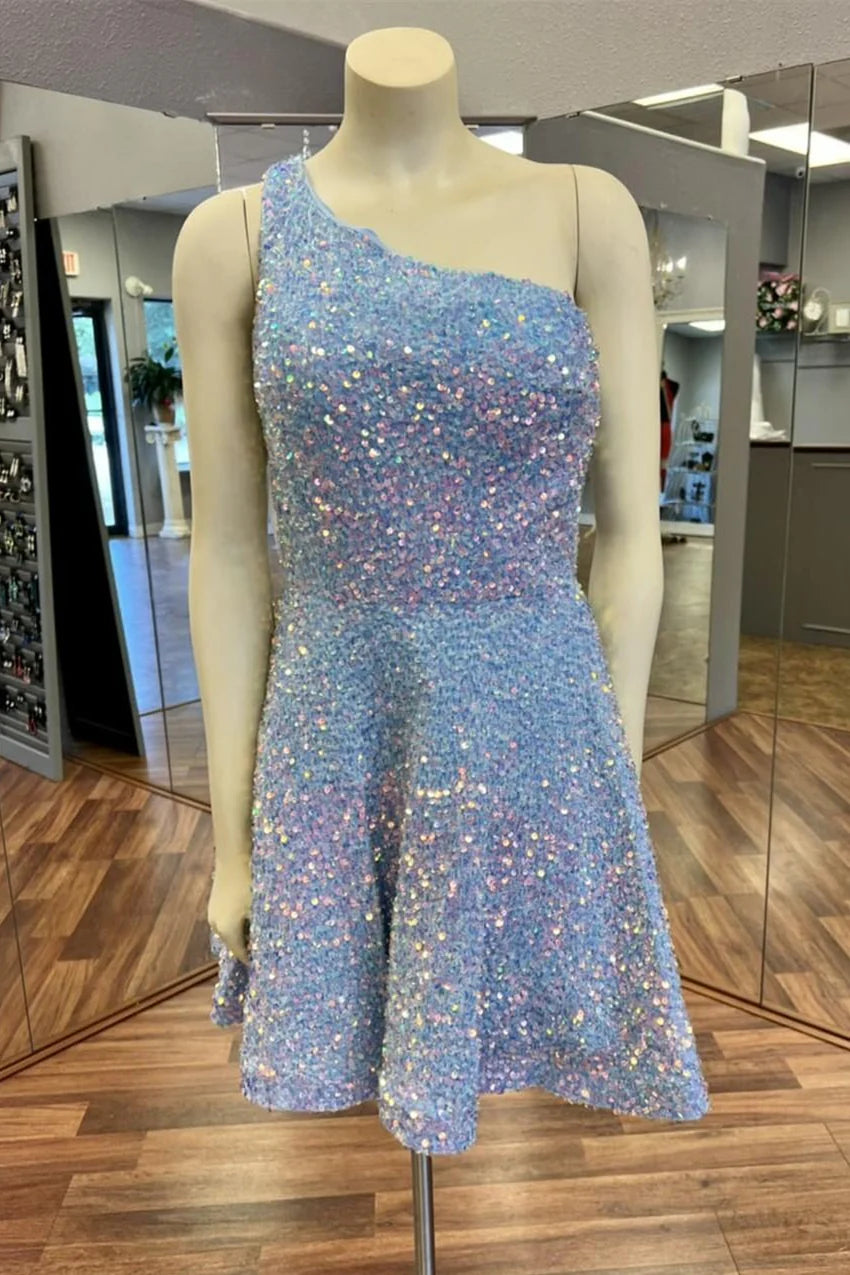 Royal Blue Sequin One Shoulder Short Prom Dress for Homecoming - Elegant Party & Formal Dance Outfit
