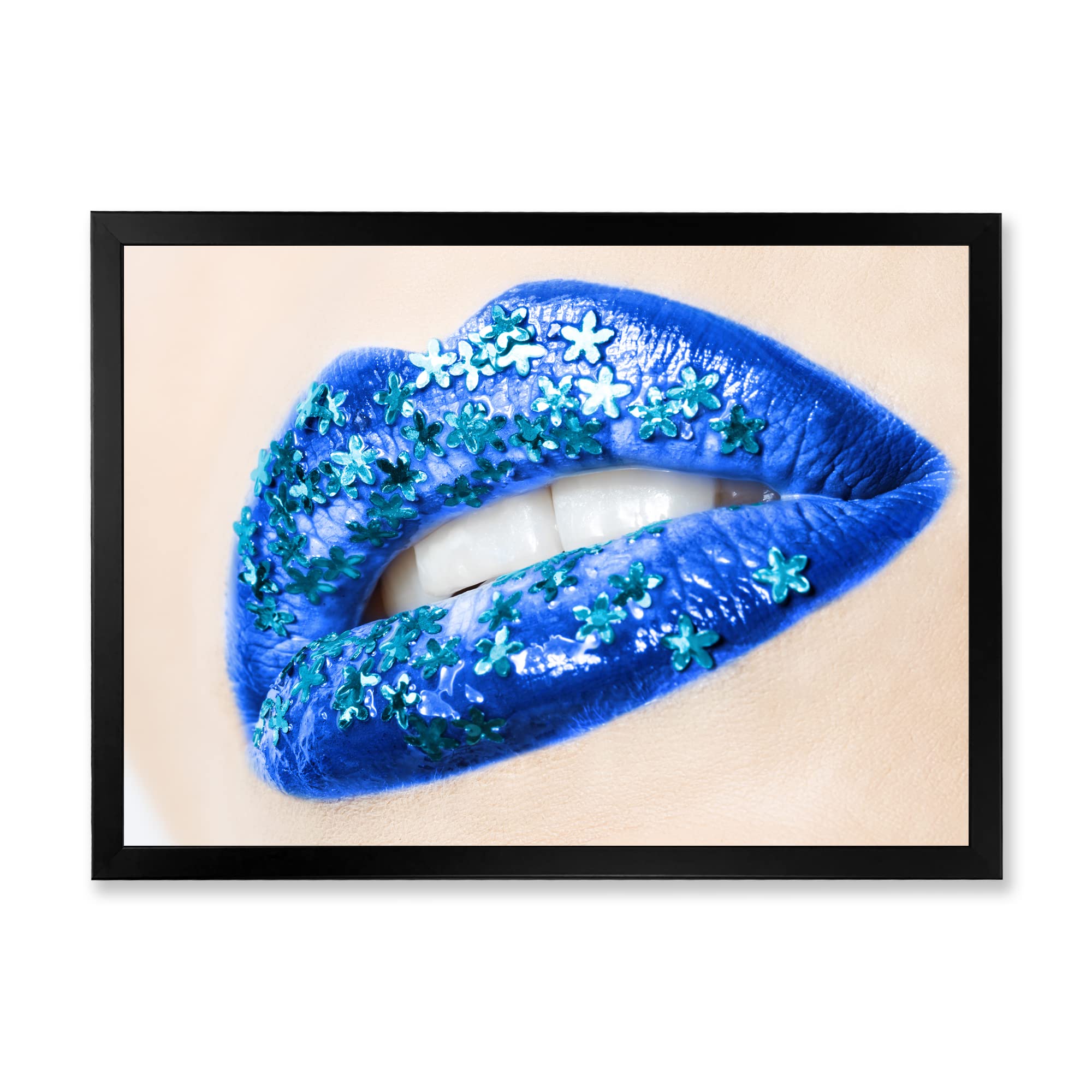 Beautiful Blue Floral Lips Modern Framed Wall Art for Women - Perfect for Living Room, Bedroom & Office Decor