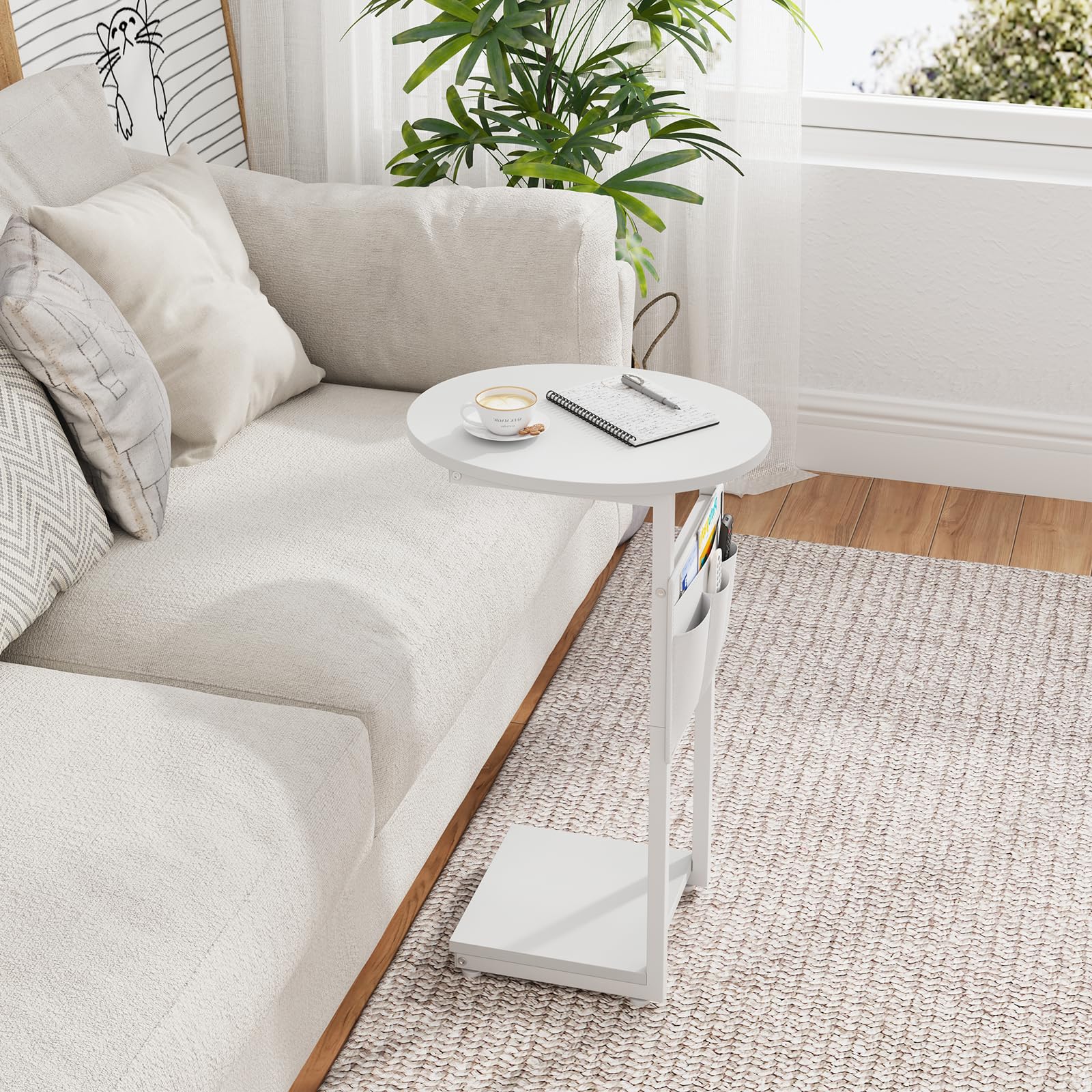 Vagusicc White C-Shaped End Table - Small Side Table for Couch & Sofa with Storage Bag, Round Living Room & Bedroom Side Table - Perfect for Small Spaces, Sliding Under Sofa as Tray Desk - Ideal for Reading Nook, TV Lounge & Apartment Decor