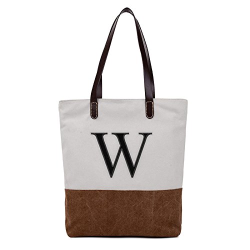 Personalized Embroidered Monogram Name Women's Casual Canvas Shoulder Bag - Duotone Brown Messenger Tote with Zipper | Perfect for Work, Travel & Everyday Use