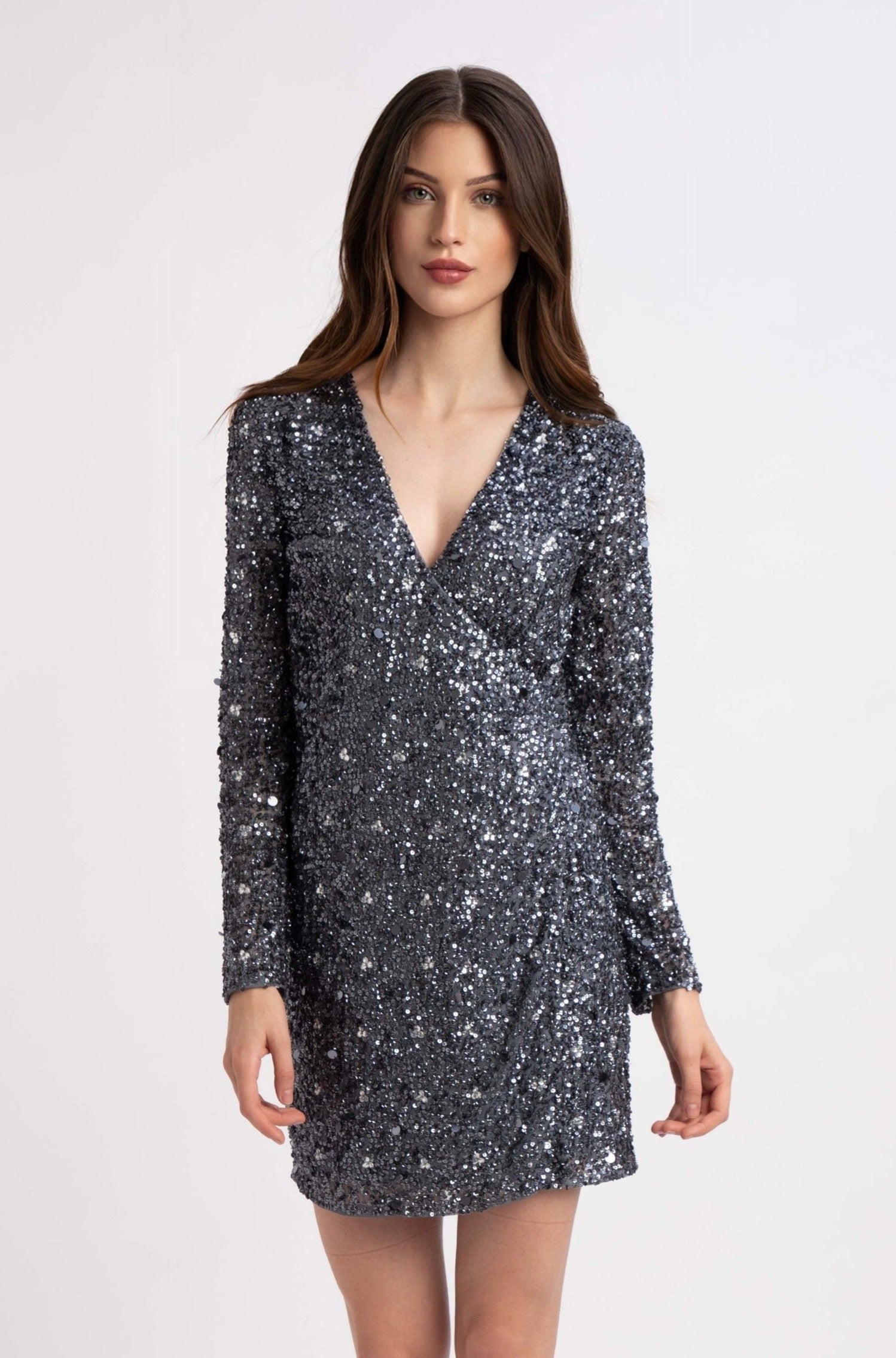 Gwen Grey Long Sleeve Embellished Mini Dress for Women | Elegant Party & Cocktail Dress | Perfect for Night Out, Date Night, and Special Occasions