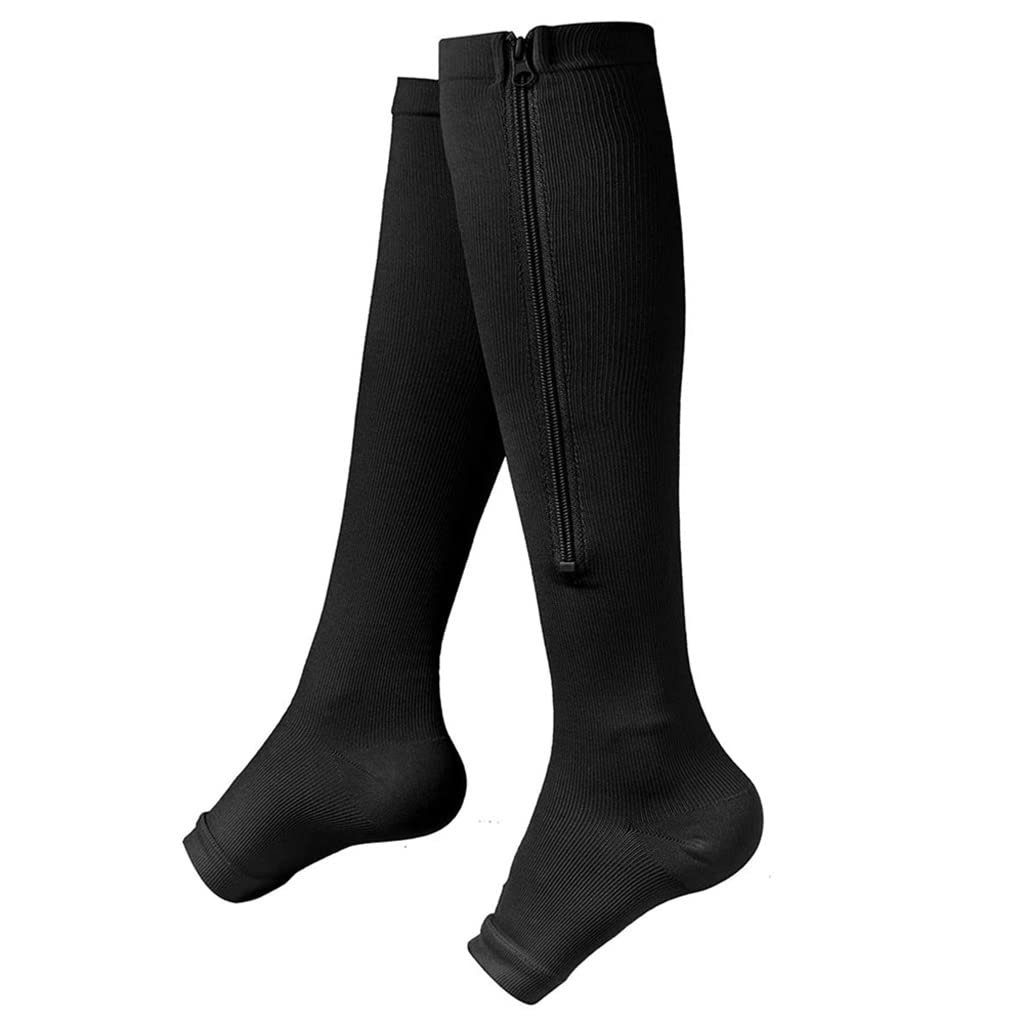 Breathable Zipper Compression Socks for Women & Men - Knee High Circulation Stockings with Open Toe for Running, Hiking & Walking - Improve Blood Flow for Active Lifestyles & Travel