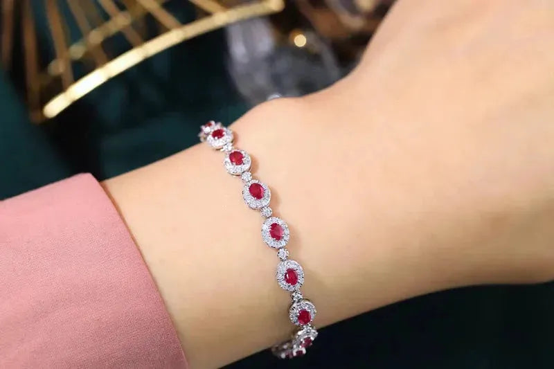 18K White Gold Women's Bracelet with Real Natural Ruby & Diamonds - Romantic Shiny Luxury Jewelry for Wedding, Anniversary & Special Occasions