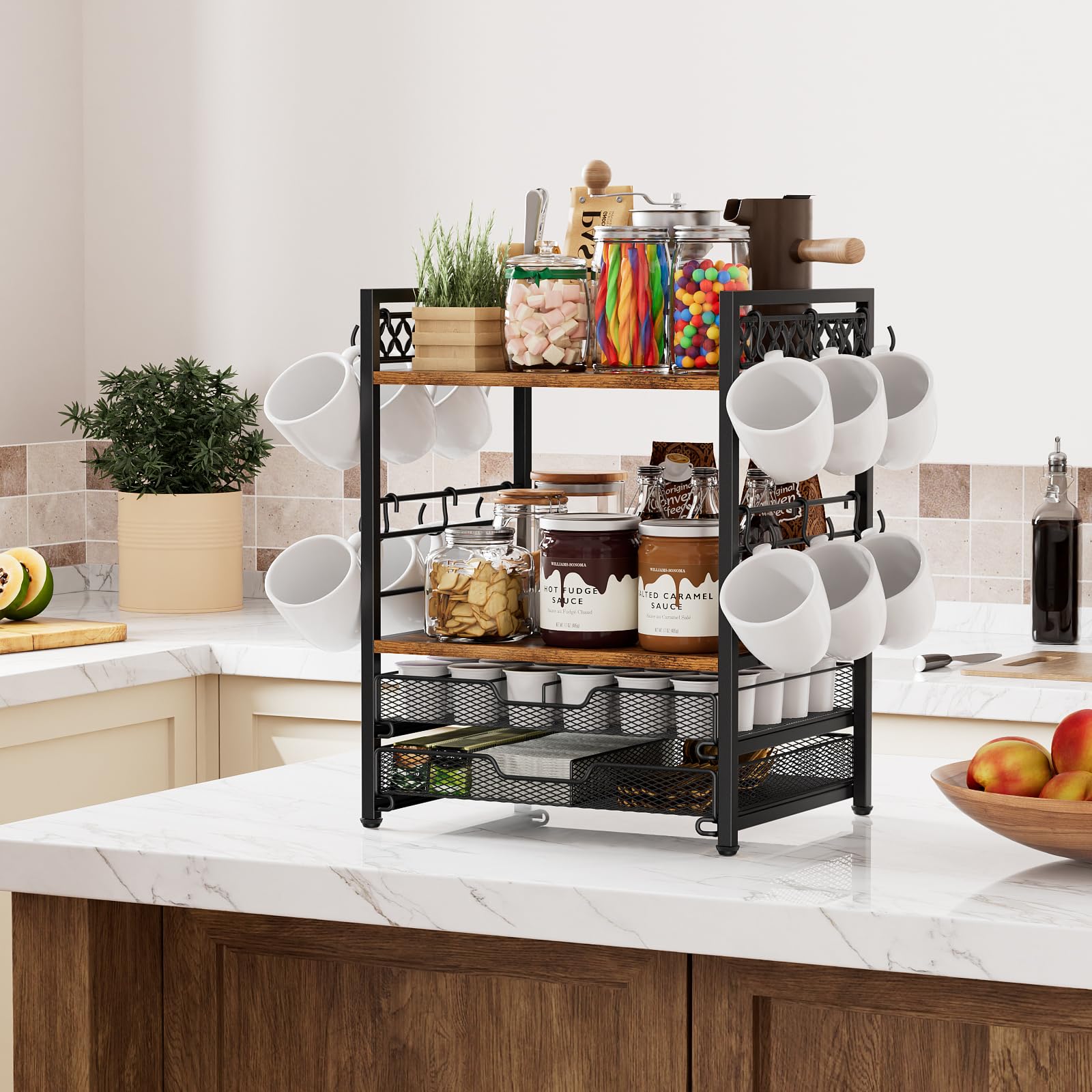 4-Tier Coffee Bar Organizer with 12 Hooks & 30 K-Cup Pod Drawer - Multifunctional Kitchen Countertop Shelf for Mugs, Accessories | Perfect for Home, Office & Coffee Station Organization