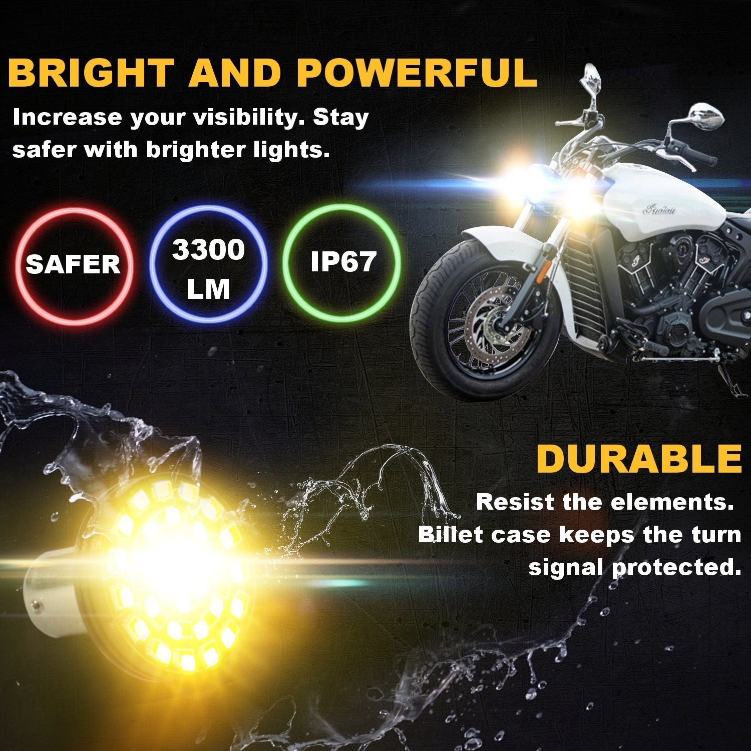 Indian Scout SUNBURST LED Turn Signals Pair - High Visibility Amber Lights for Motorcycle Safety - Perfect for Night Riding & Custom Bike Builds