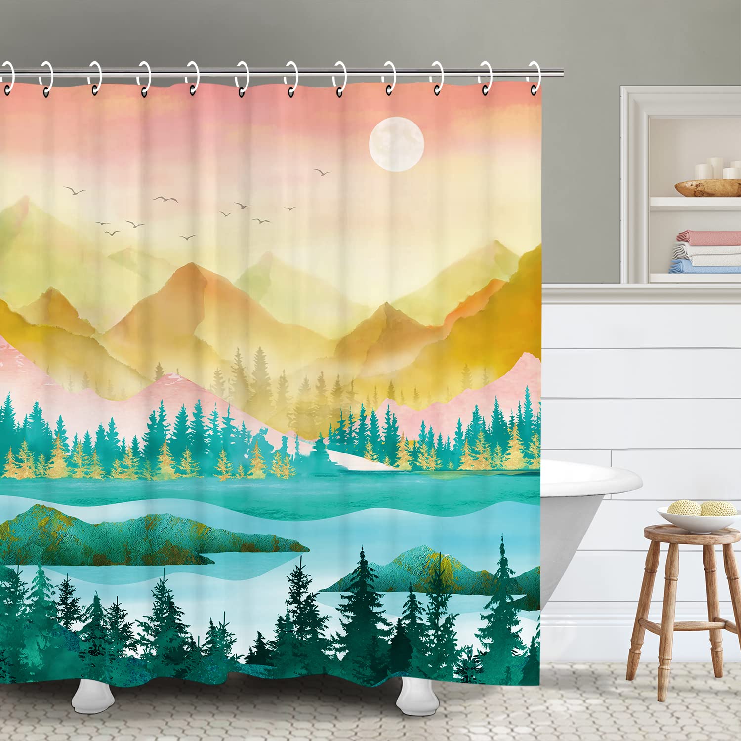 RosieLily Nature Inspired Shower Curtain - Mountain Forest Sun Moon Landscape Bathroom Decor, 72x72 Inches Waterproof Fabric - Perfect for Spa-Like Retreats & Cozy Bathroom Makeovers