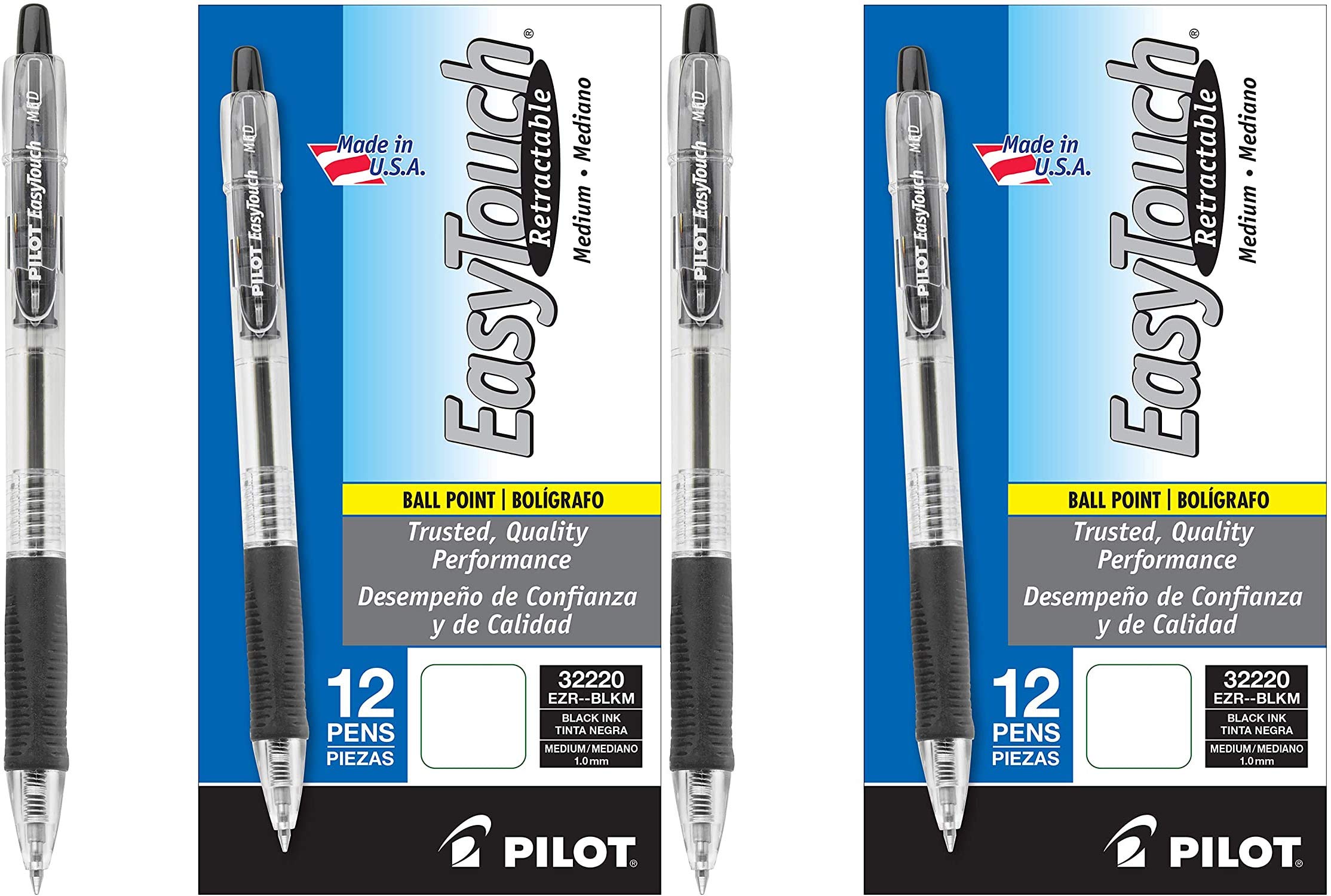 PILOT EasyTouch Refillable Retractable Ballpoint Pens - Medium Point Black Ink (12 Count, 2 Pack) - Smooth Writing for Office, School & Note Taking